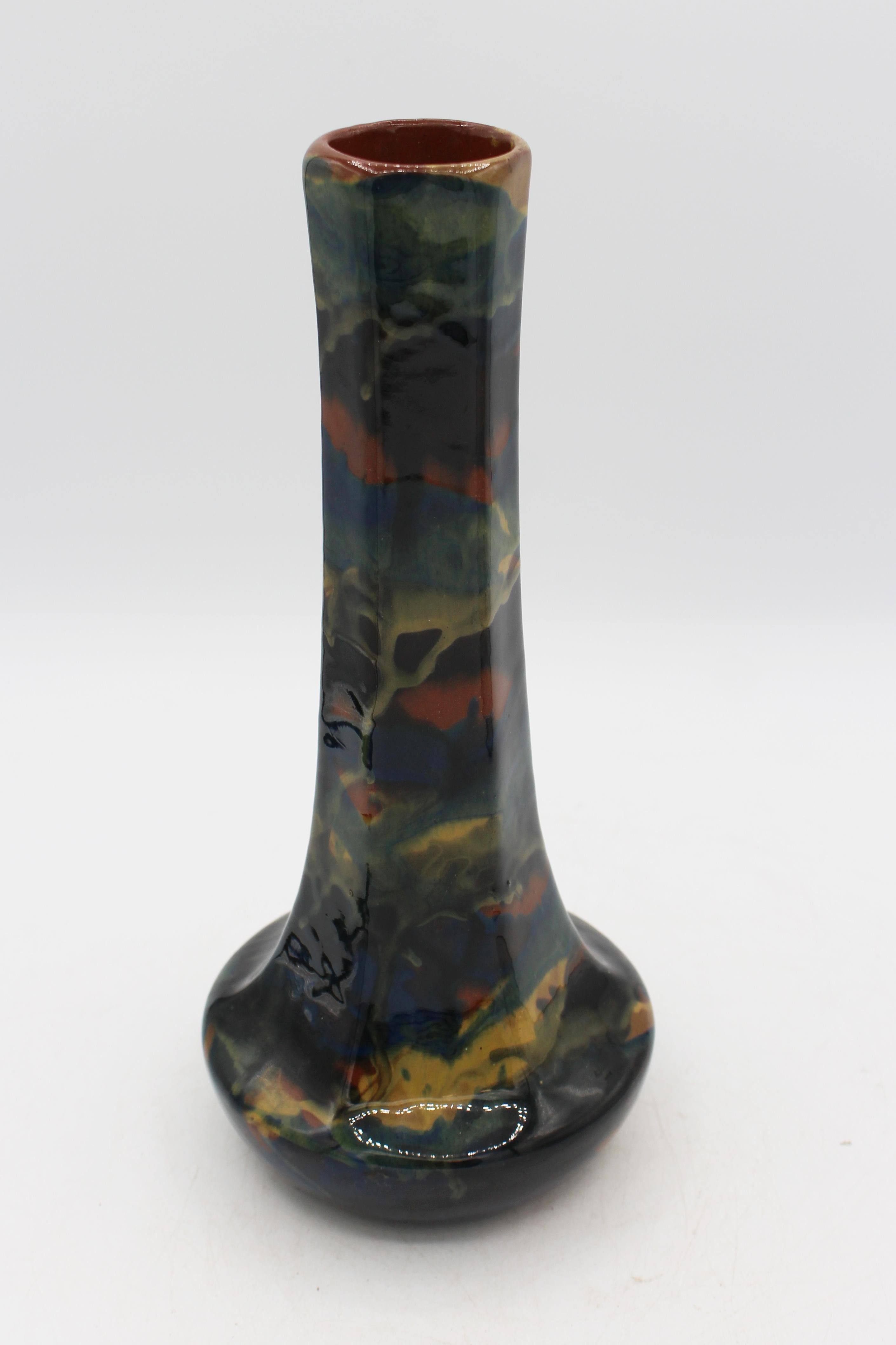 Circa 1912-1921 Peters & Reed Pottery hexagonal vase. Marbelized glaze, earth tones. Peters & Reed Pottery was established in 1899 in South Zanesville, OH; became The Zane Pottery Co in 1921 under new ownership. One of their most intriguing