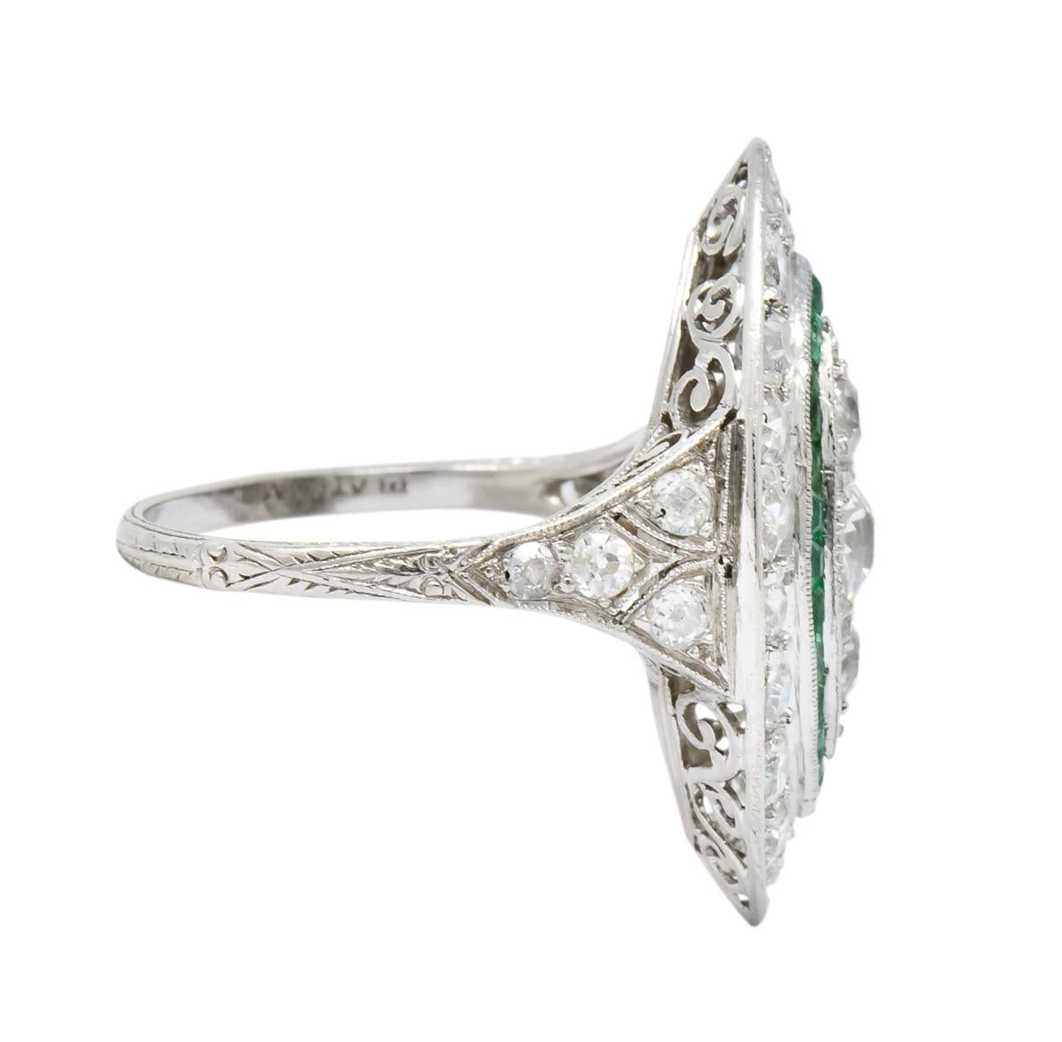 Round Cut Edwardian 2.95 Carat Diamond Emerald Platinum Dinner Ring, circa 1915