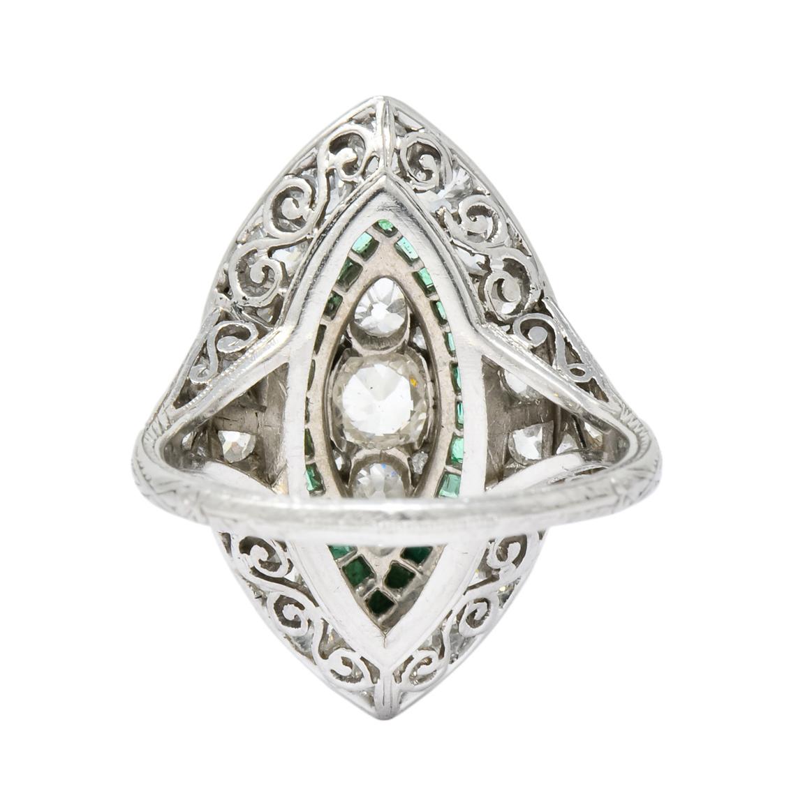 Edwardian 2.95 Carat Diamond Emerald Platinum Dinner Ring, circa 1915 1