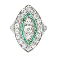 Antique Edwardian 2.95 Carat Diamond Emerald Platinum Dinner Ring, circa 1915