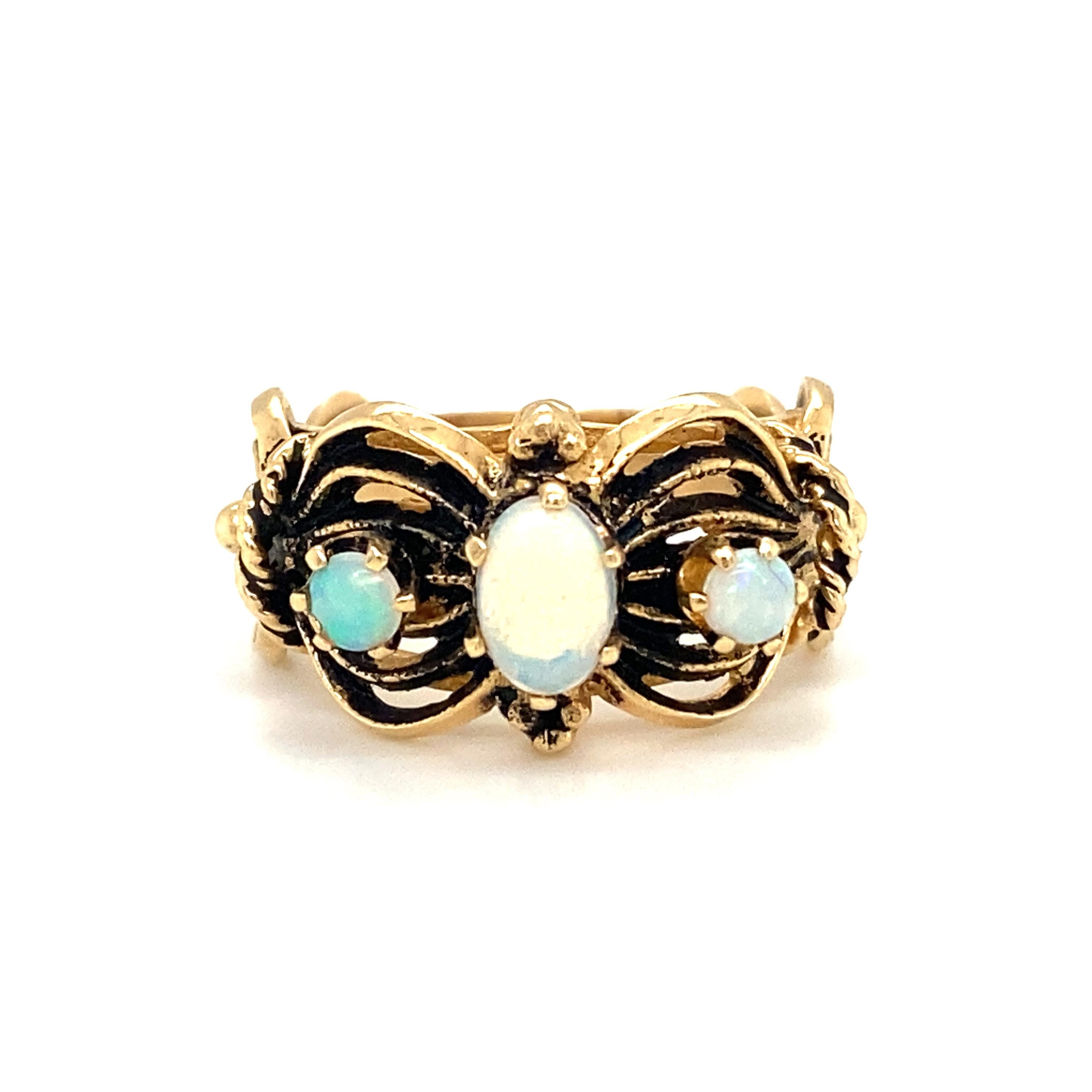 Cabochon Circa 1915 Edwardian Opal Three Stone Ring in 14K Gold For Sale