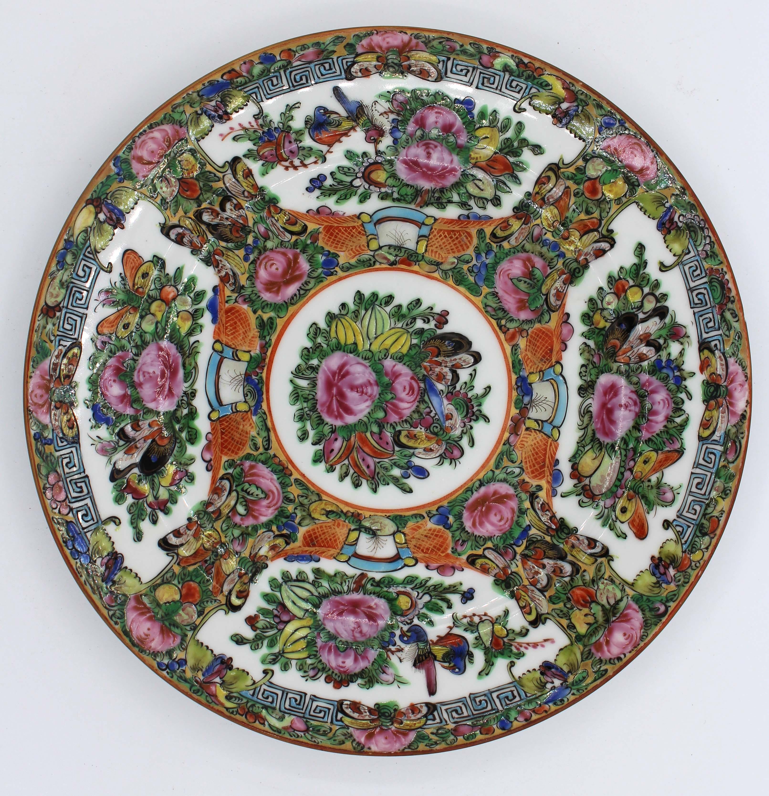 Circa 1915 pair of Rose Canton Chinese export plates. Brightly enamelled butterfly design. Made in China mark. Brought back from China by Dr. Hugh McCormick Smith, famed ichthyologist, by descent. One rim glaze nick.
9.5
