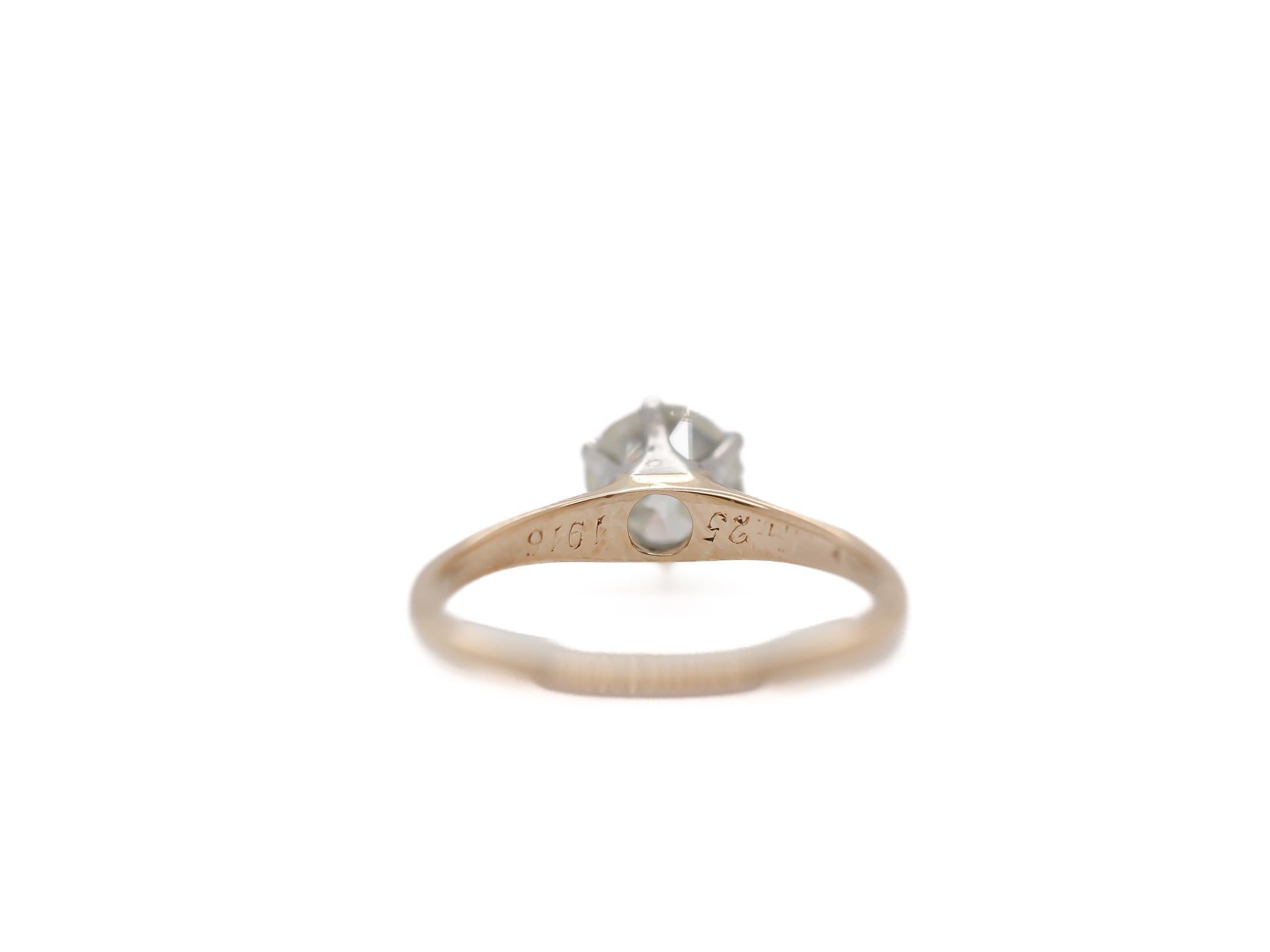 Circa 1919 14K Yellow Gold GIA 1.00ct Old European Diamond Engagement Ring For Sale 4