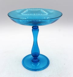 Circa 1920-25 American Art Deco Blown Azure Blue Glass Long Stem Compote