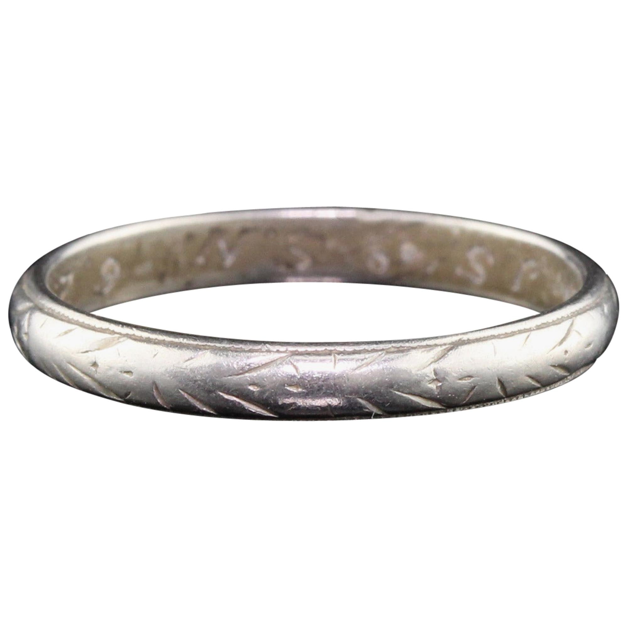 Antique Art Deco Platinum Engraved Wedding Band, circa 1920 For Sale