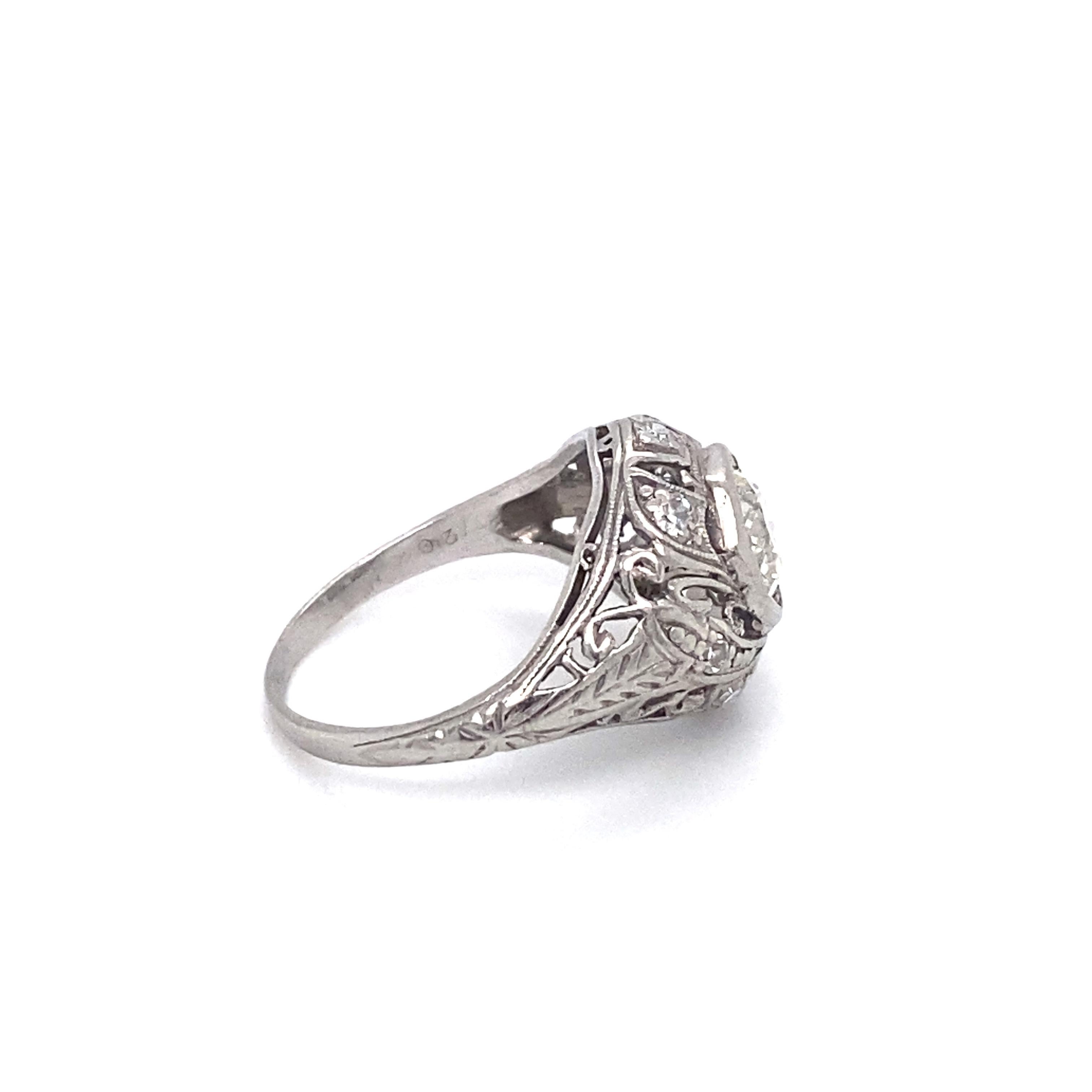 Old European Cut Circa 1920 Art Deco 0.93 Carat Diamond Ring, Platinum For Sale