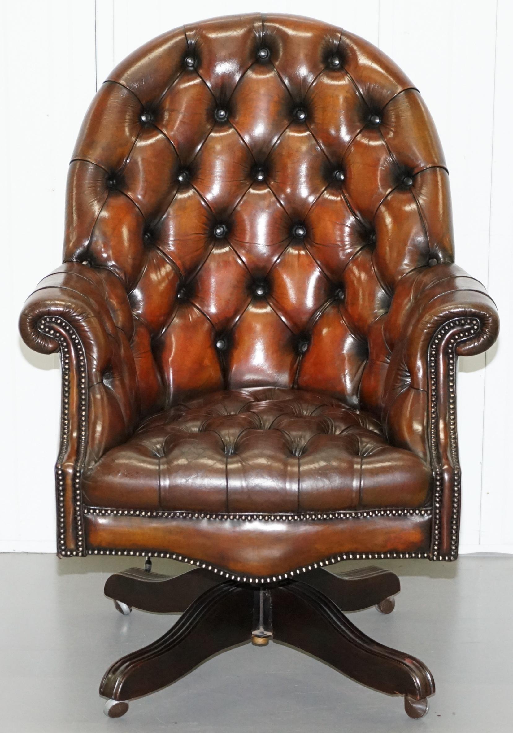 We are delighted to offer for sale this stunning original circa 1920 Art Deco hand dyed fully restored cigar brown leather Chesterfield fully buttoned directors captains chair

This is the bosses chair, the executive director, there are tens of