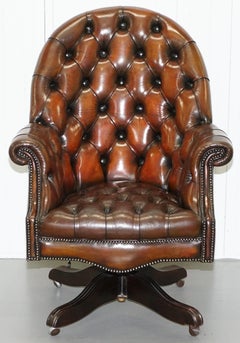 Art Deco Chesterfield Barrel Brown Leather Directors Captains Chair, circa 1920
