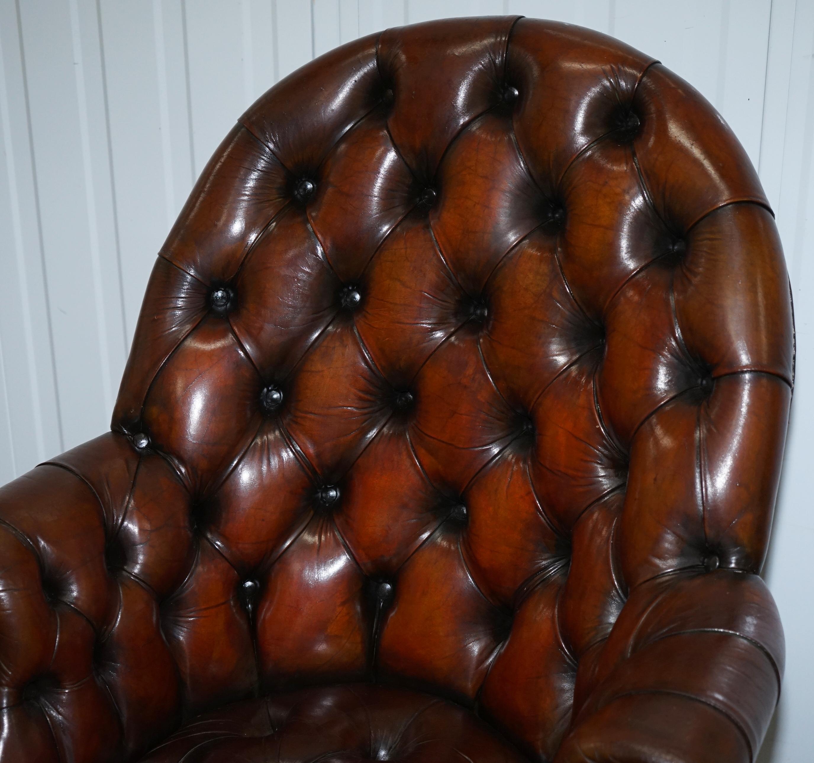 English Art Deco Chesterfield Barrel Brown Leather Directors Captains Chair, circa 1920