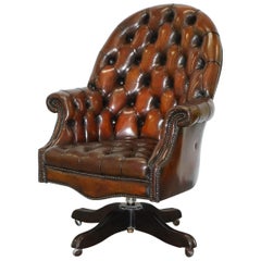 Art Deco Chesterfield Barrel Brown Leather Directors Captains Chair, circa 1920