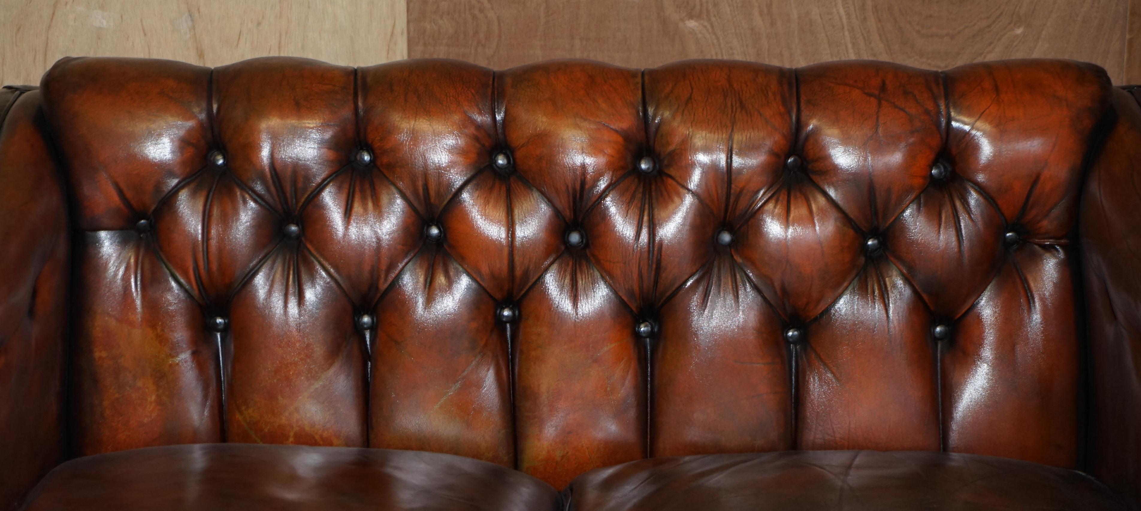 English Circa 1920 Art Deco Fully Restored Chesterfield Brown Leather Sofa Part Suite For Sale