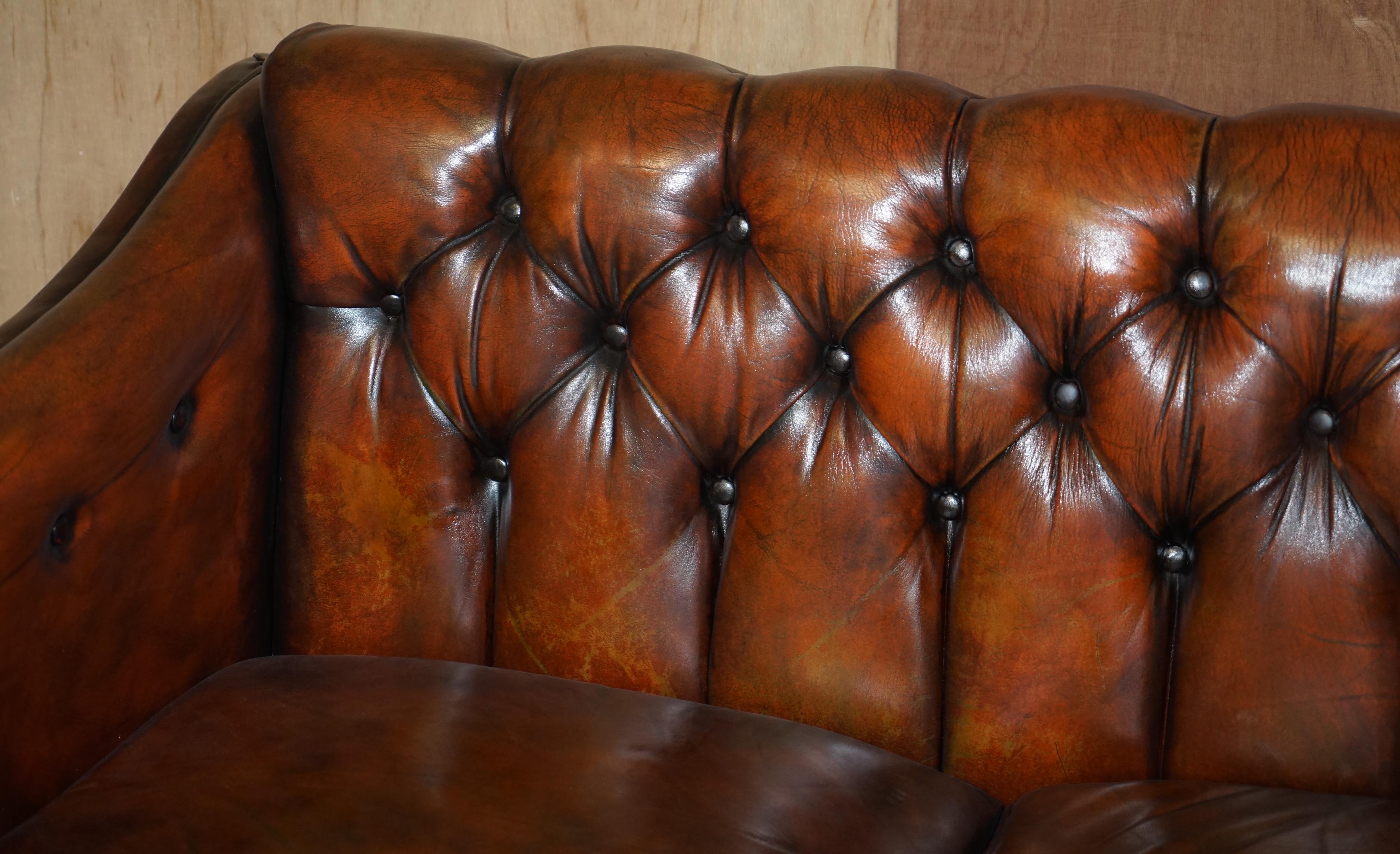 Hand-Crafted Circa 1920 Art Deco Fully Restored Chesterfield Brown Leather Sofa Part Suite For Sale