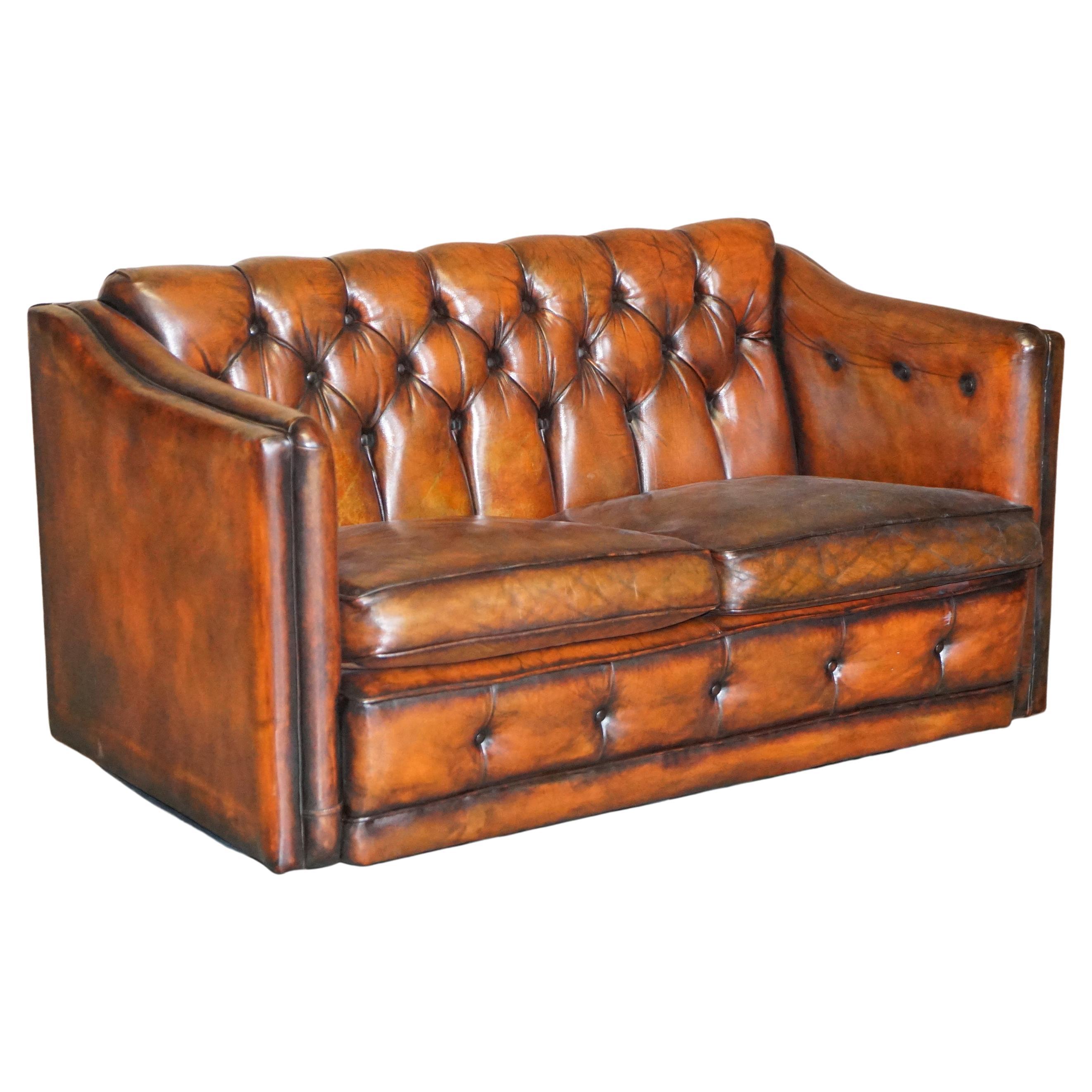 Circa 1920 Art Deco Fully Restored Chesterfield Brown Leather Sofa Part Suite For Sale