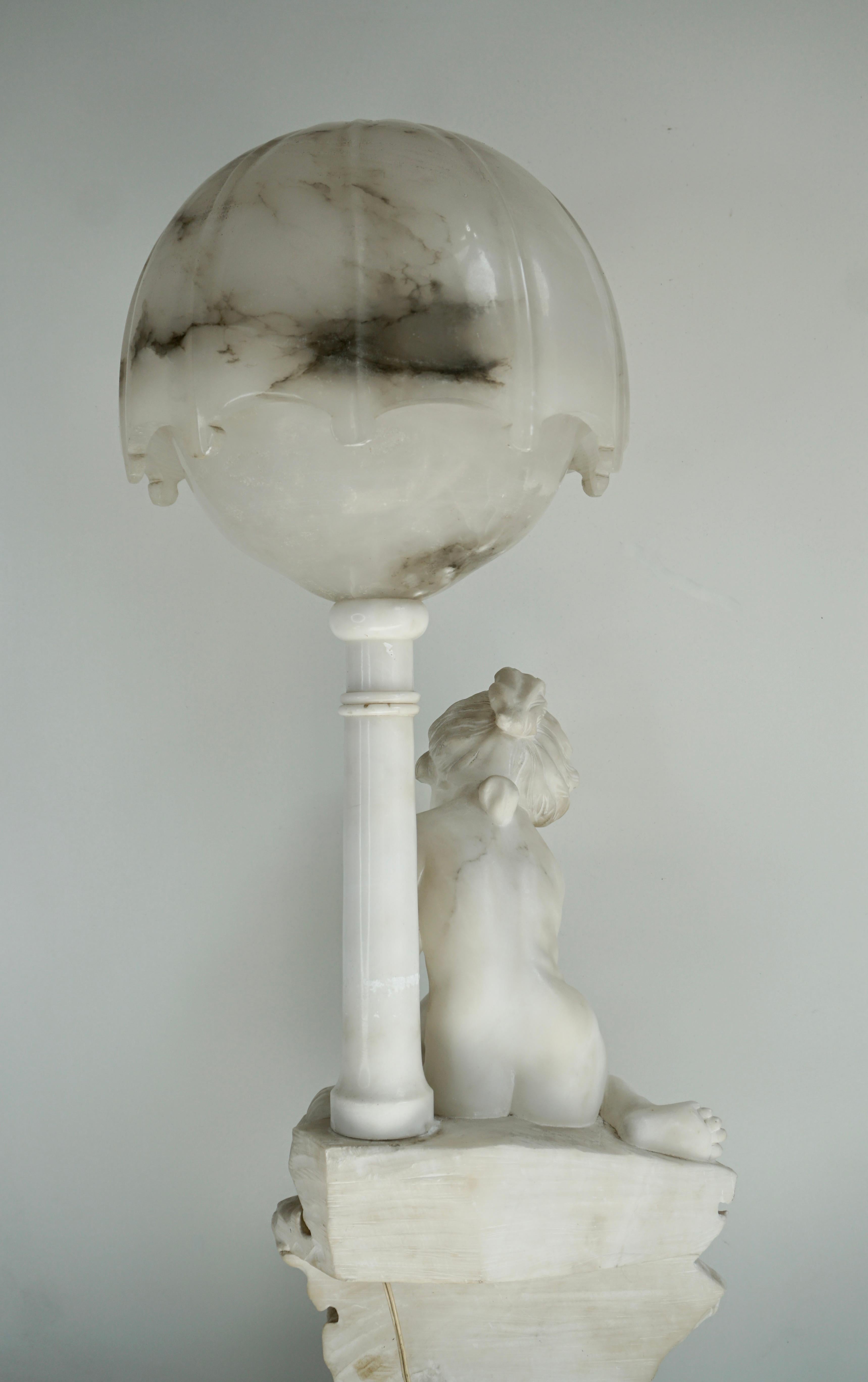 Circa 1920 Carved Alabaster Figural Lamp on Onxy Base For Sale 5