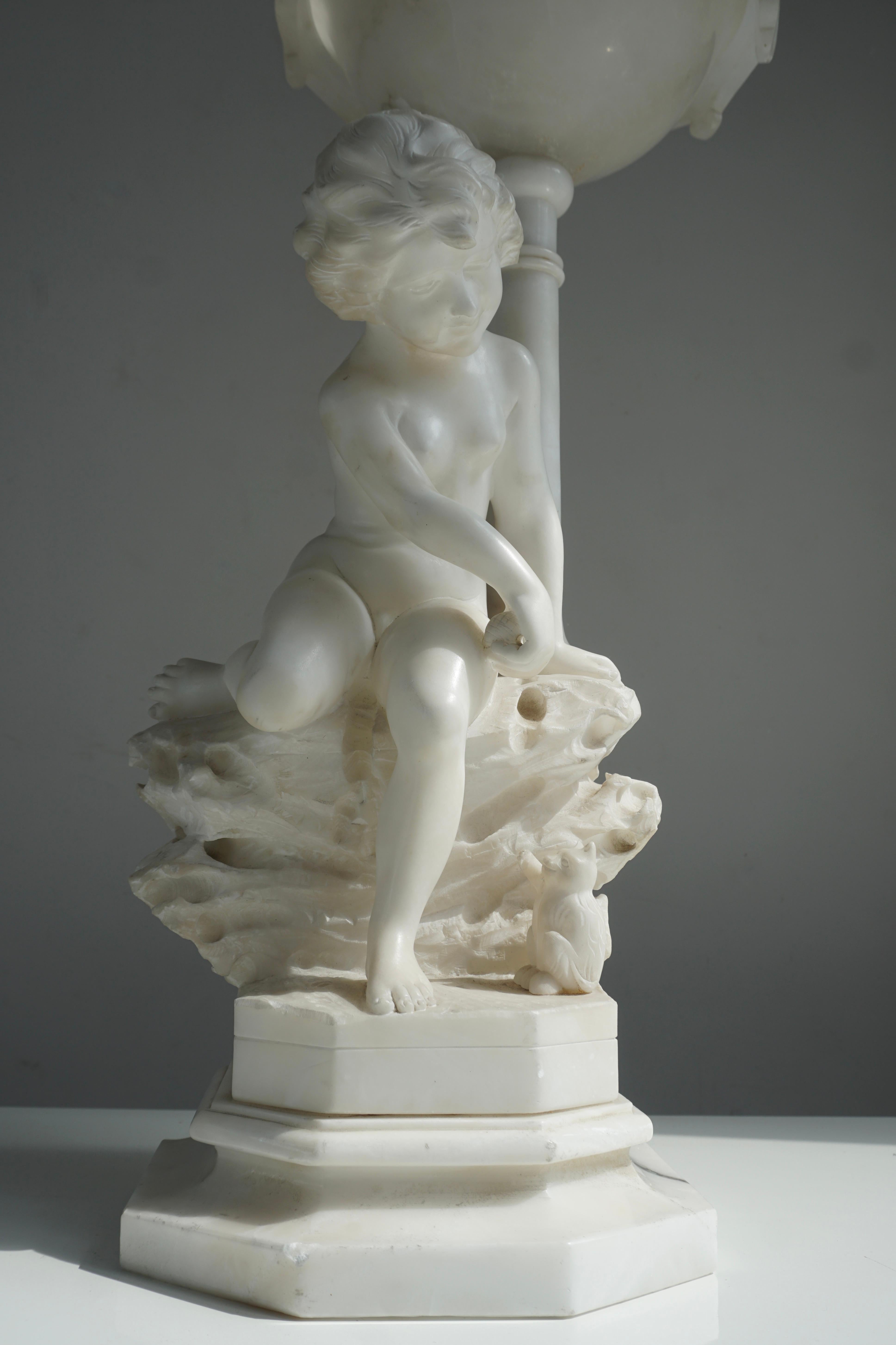 Circa 1920 Carved Alabaster Figural Lamp on Onxy Base For Sale 6
