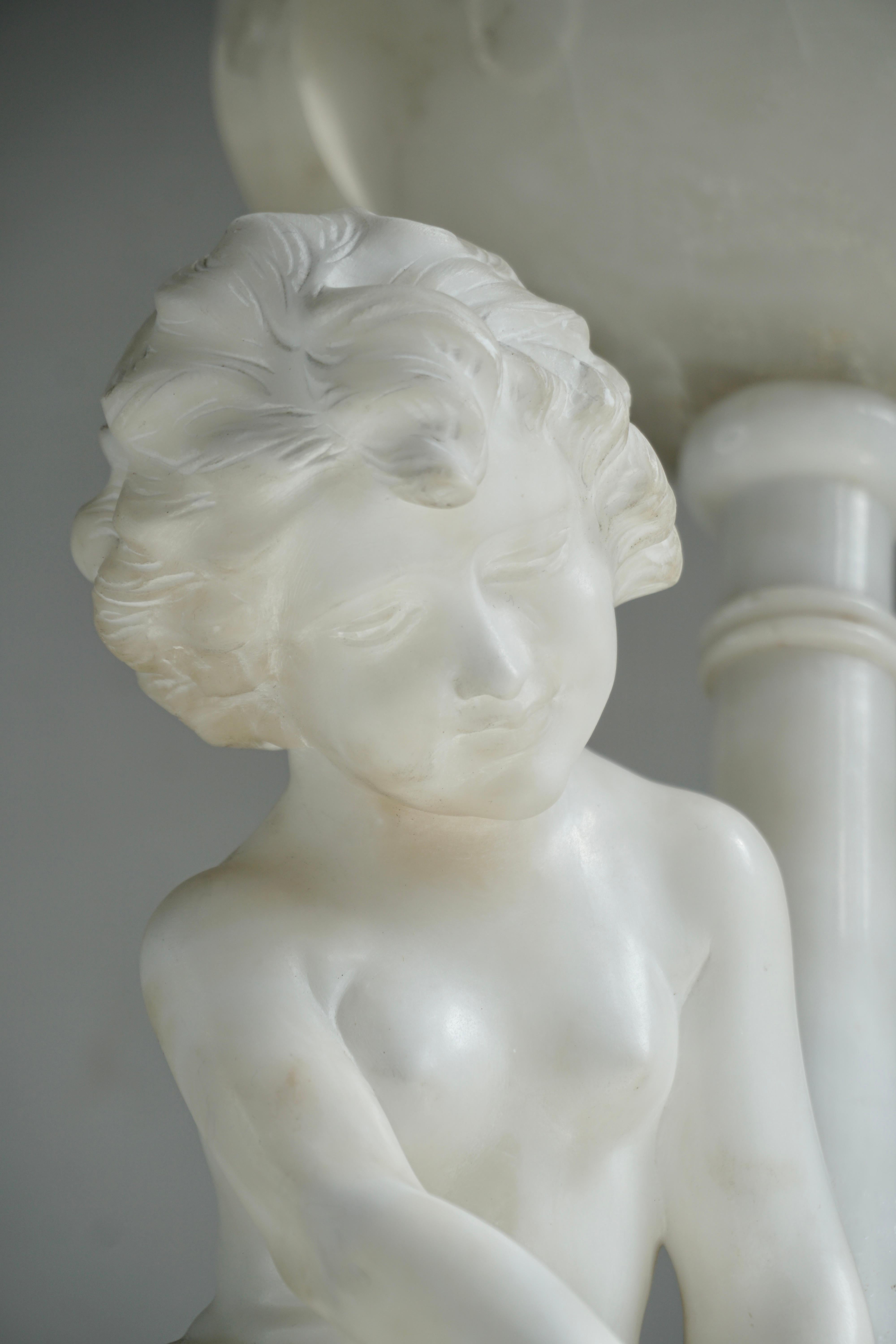 Circa 1920 Carved Alabaster Figural Lamp on Onxy Base For Sale 7