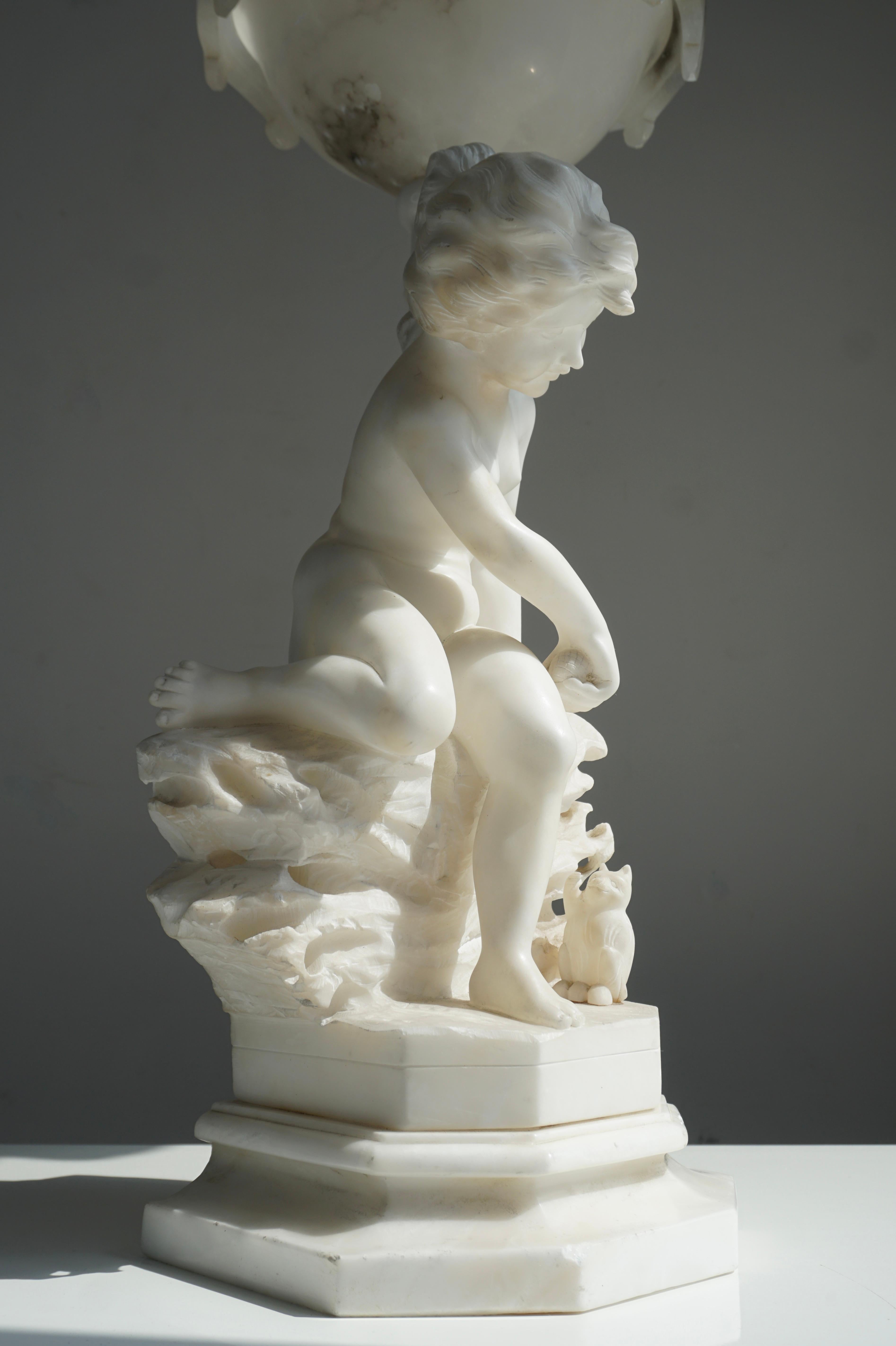 Circa 1920 Carved Alabaster Figural Lamp on Onxy Base For Sale 8