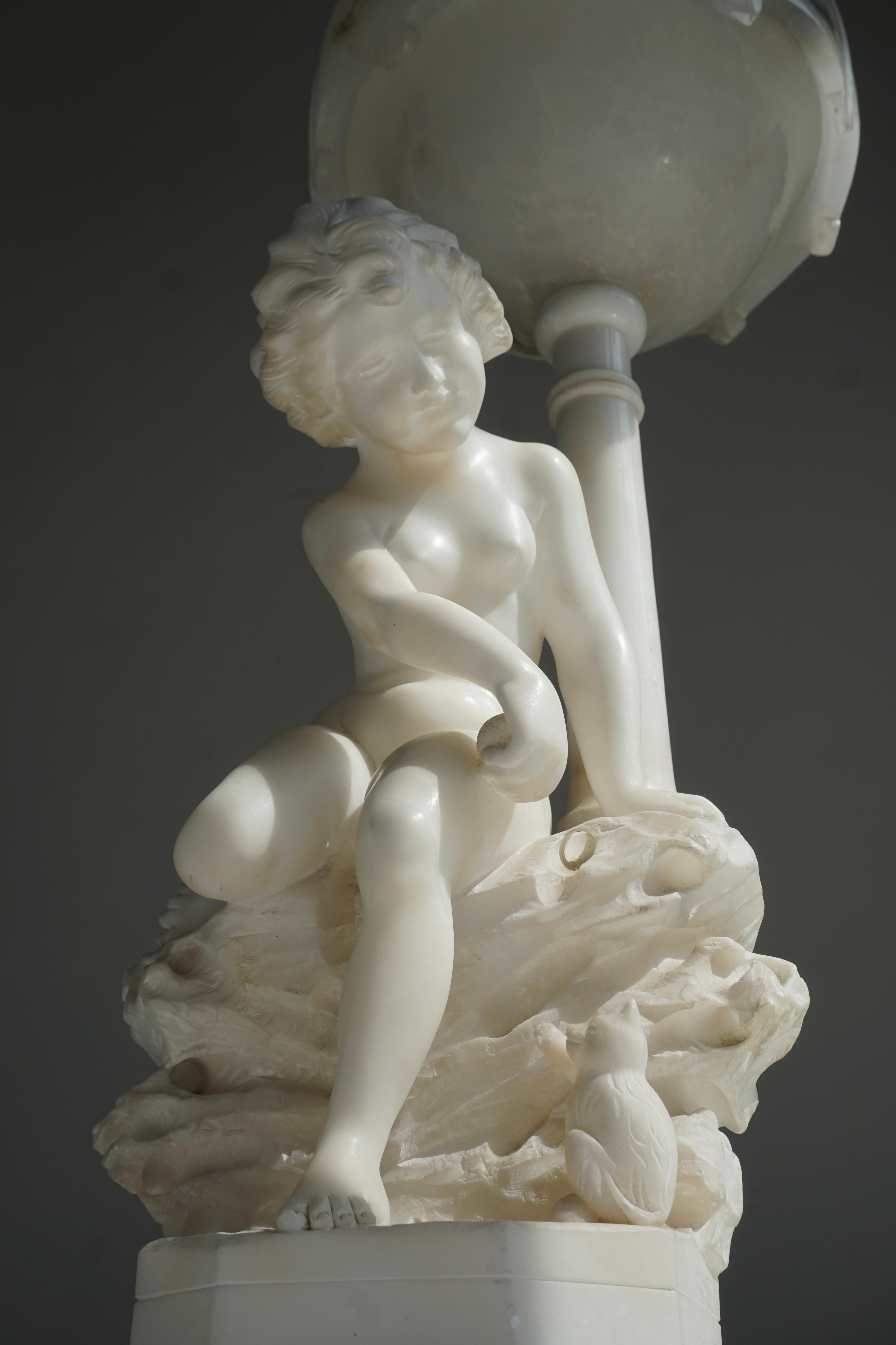 Circa 1920 Carved Alabaster Figural Lamp on Onxy Base For Sale 11