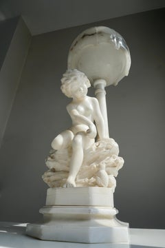 Circa 1920 Carved Alabaster Figural Lamp on Onxy Base