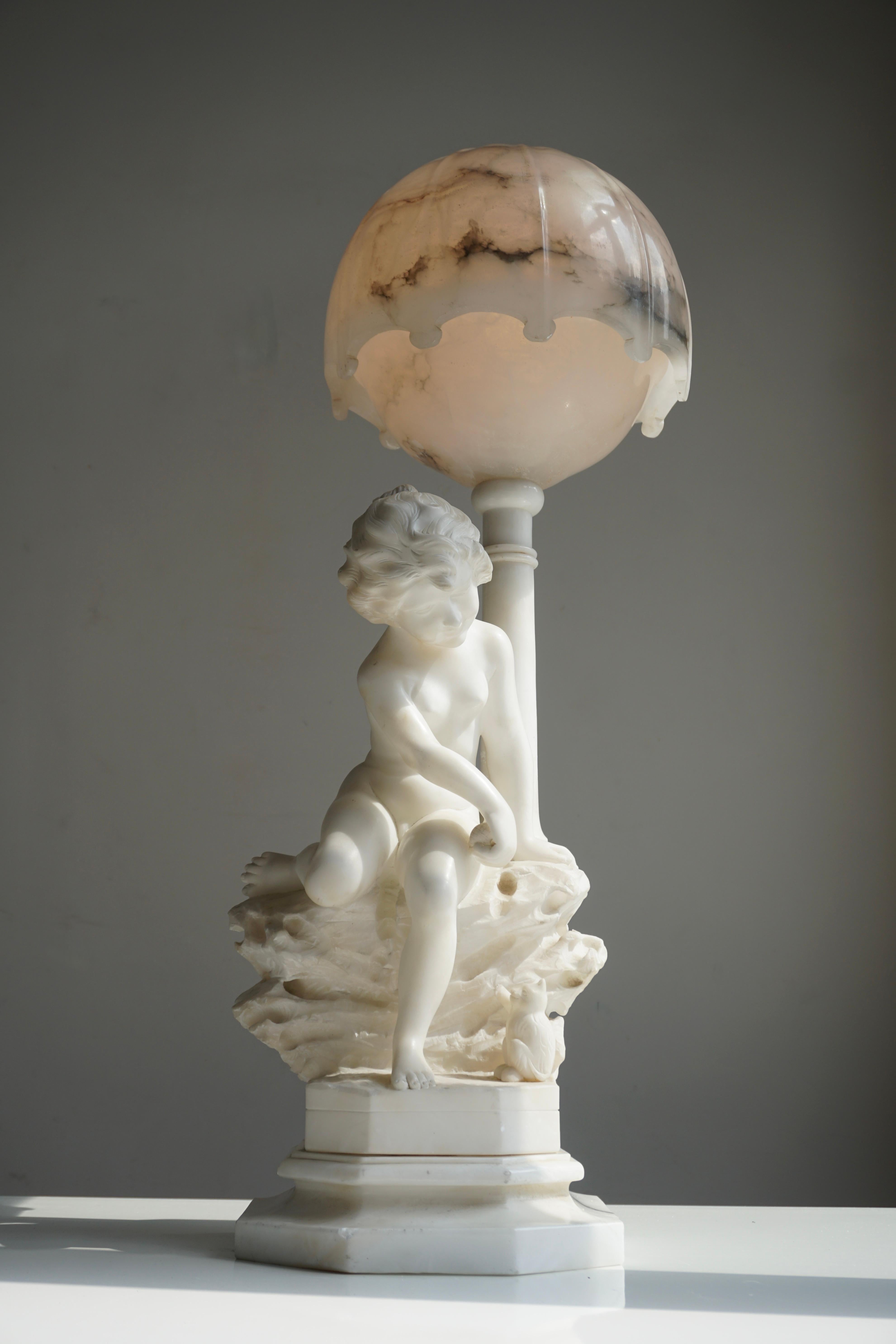 Italian Circa 1920 Carved Alabaster Figural Lamp on Onxy Base For Sale