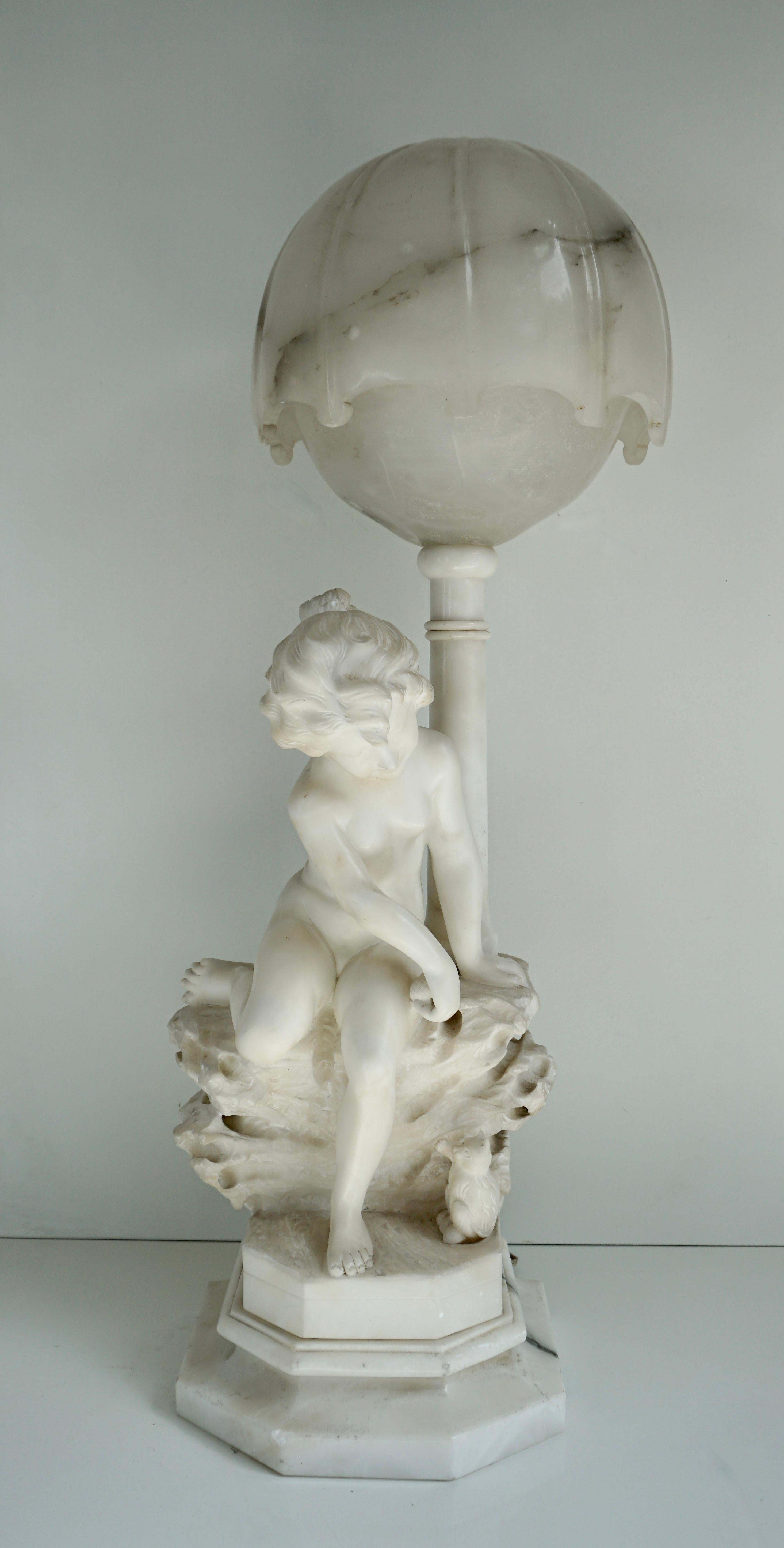 Circa 1920 Carved Alabaster Figural Lamp on Onxy Base For Sale 1
