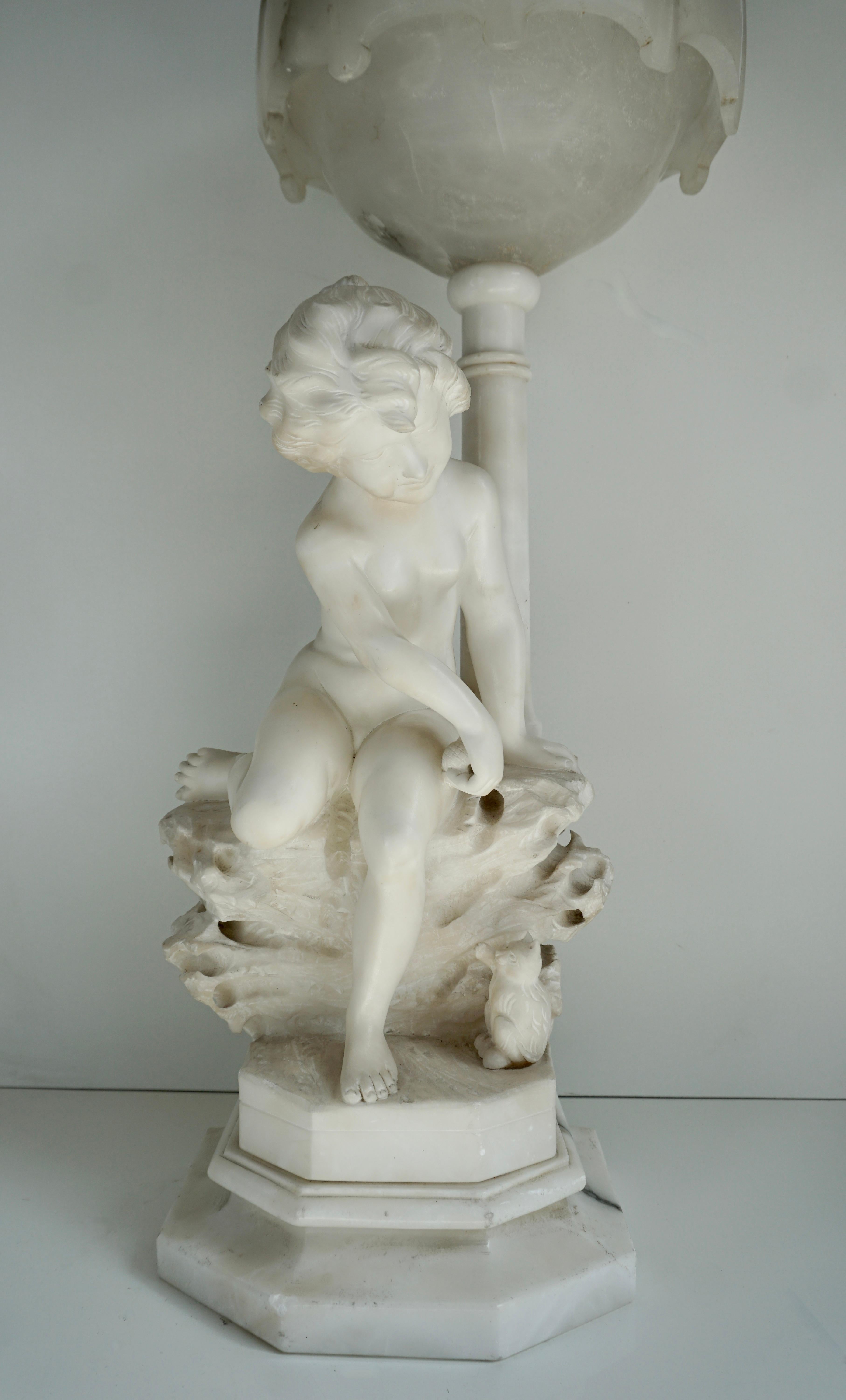 Circa 1920 Carved Alabaster Figural Lamp on Onxy Base For Sale 2