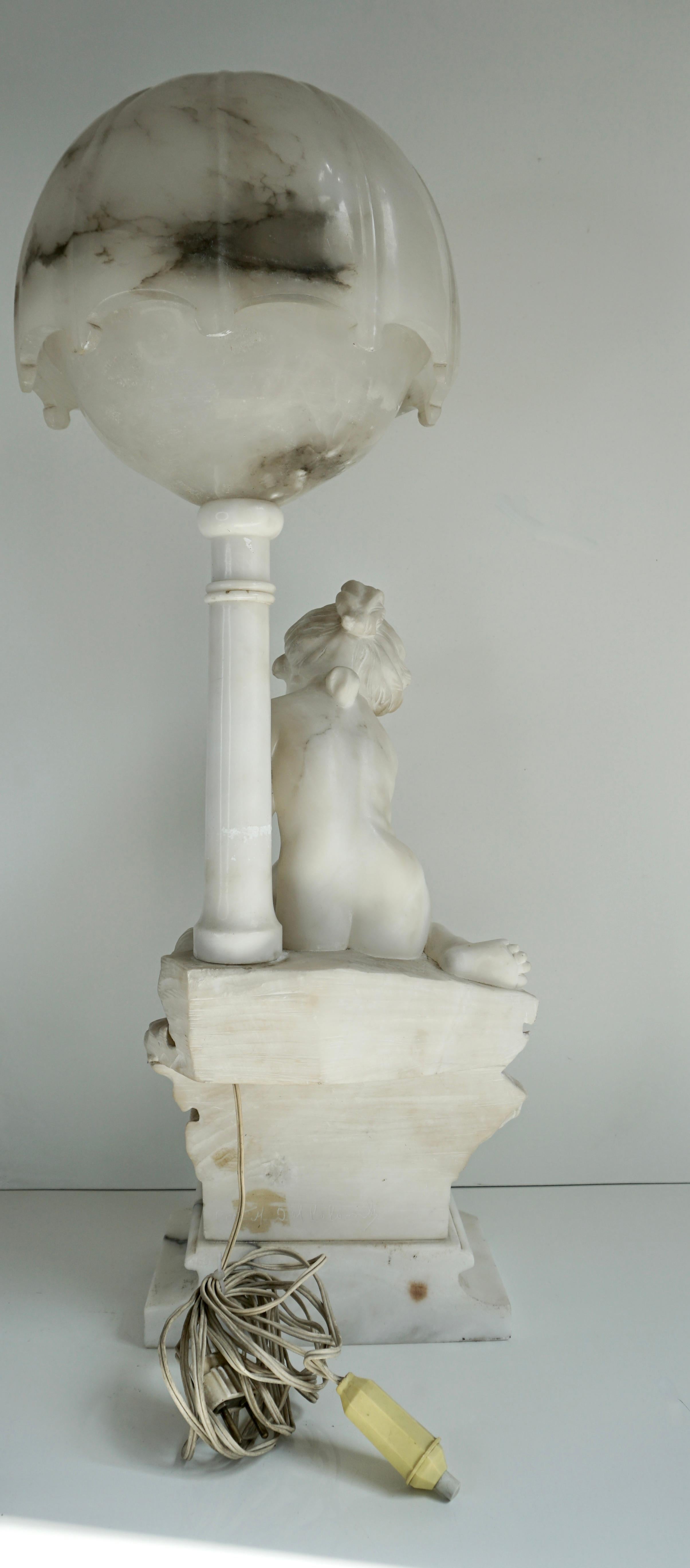 Circa 1920 Carved Alabaster Figural Lamp on Onxy Base For Sale 3
