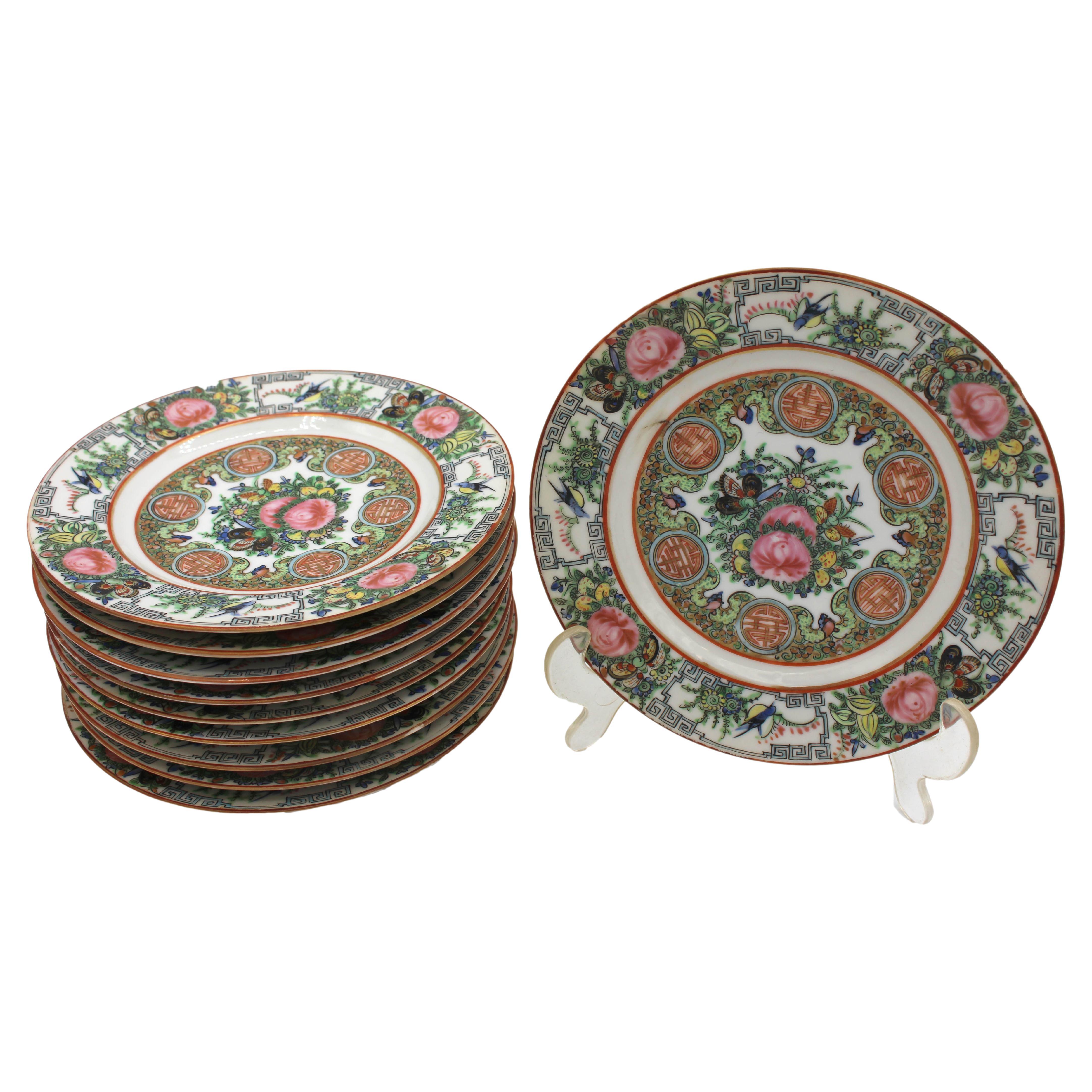 Circa 1920 Chinese Export Set of 10 Rose Canton Salad Plates For Sale