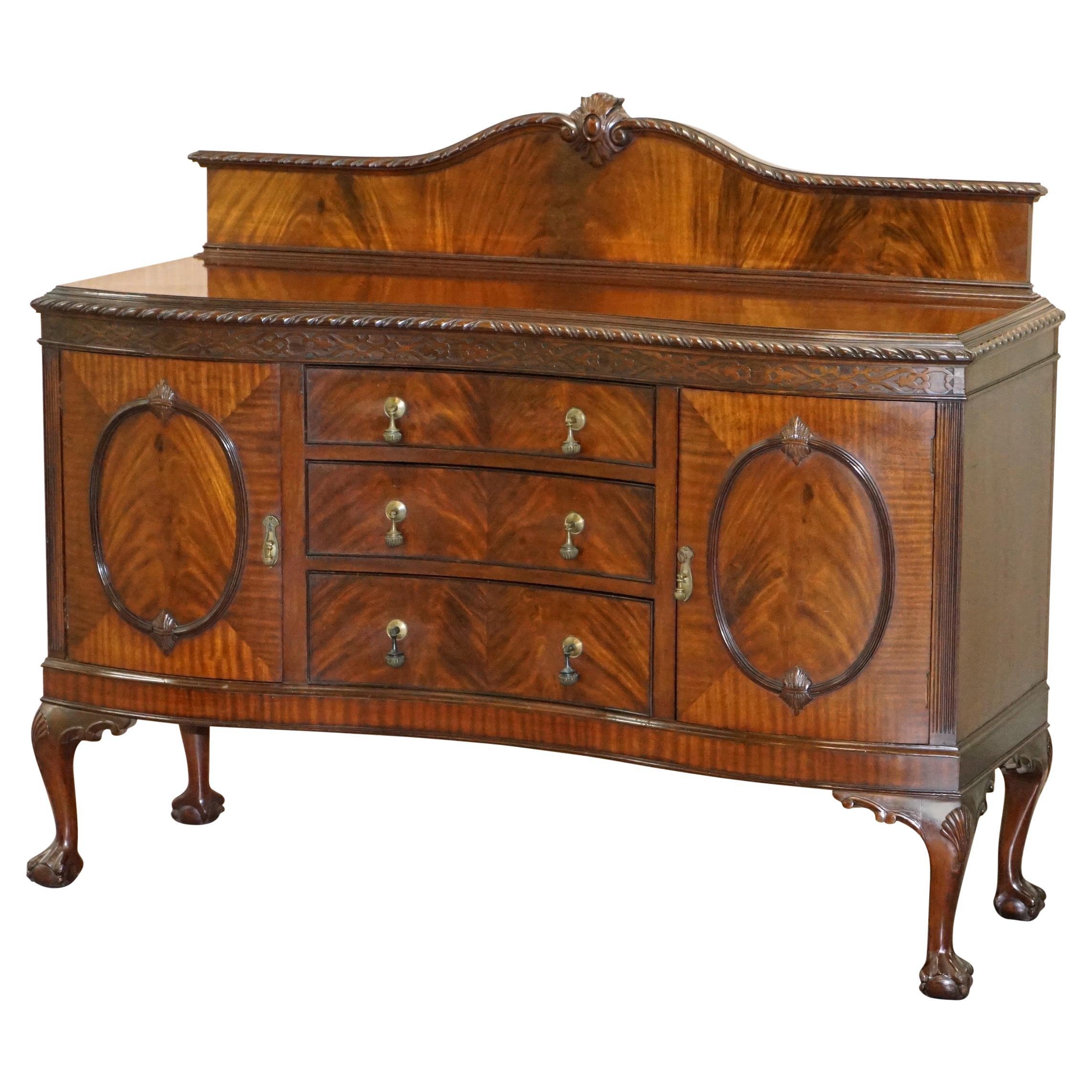 Claw & Ball Feet Flamed Mahogany Sideboard Drawers Chippendale Style, circa 1920
