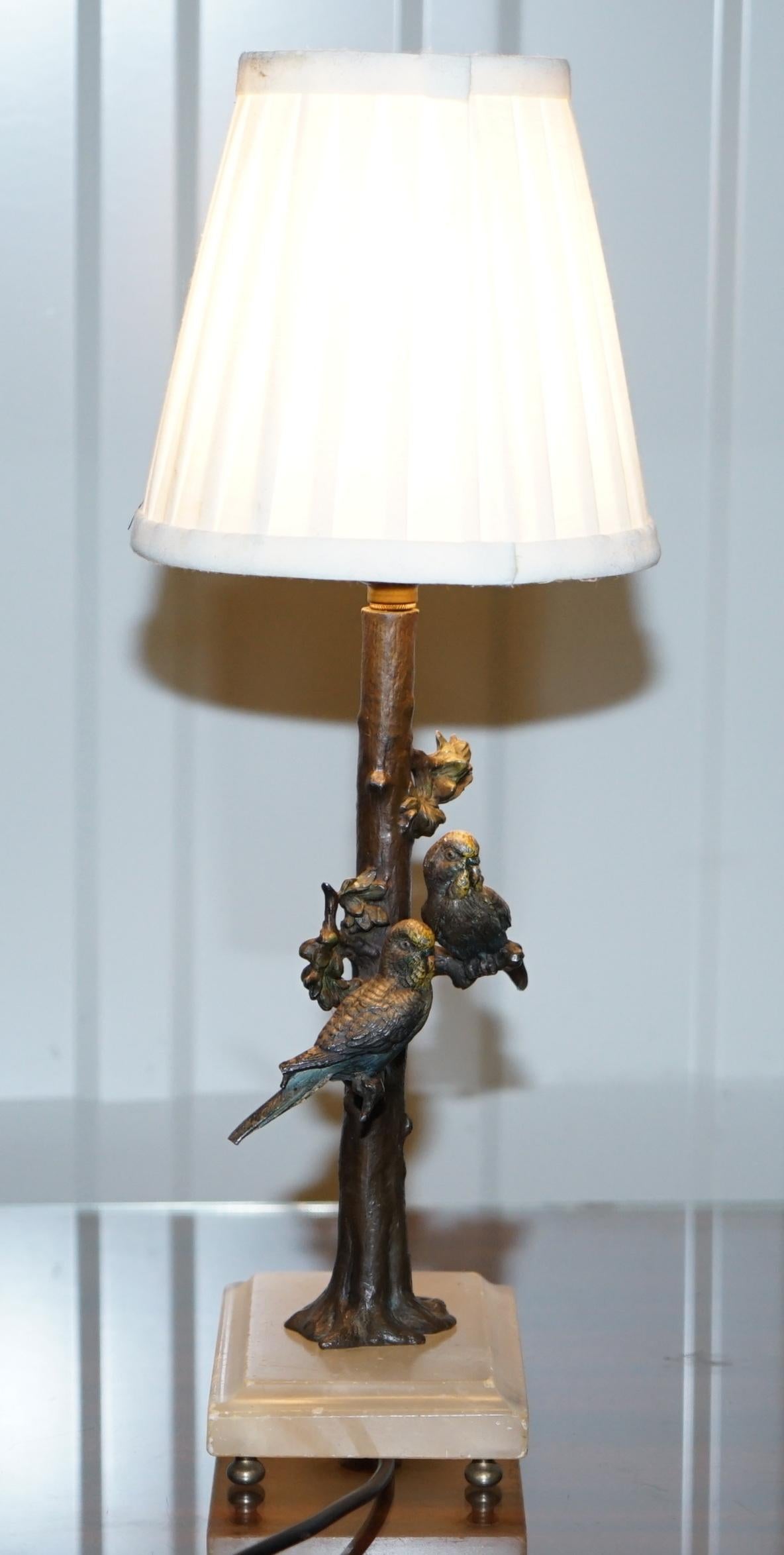 Cold Painted Austrian Bronze Lamp Birds of Paradise in Trees Onyx, circa 1920 4