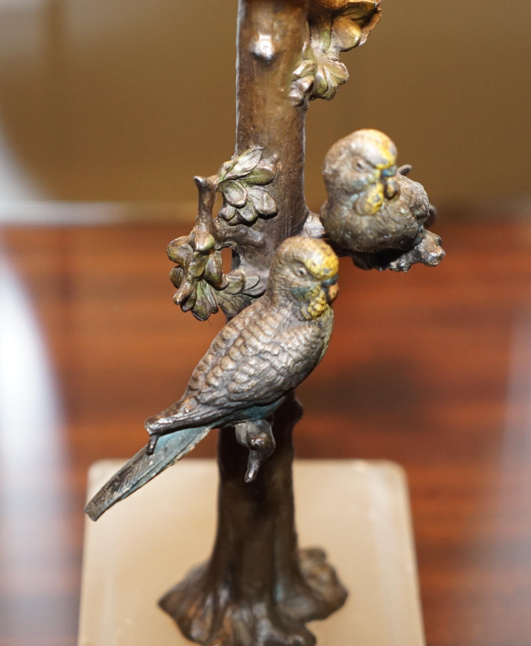 Cold Painted Austrian Bronze Lamp Birds of Paradise in Trees Onyx, circa 1920 5