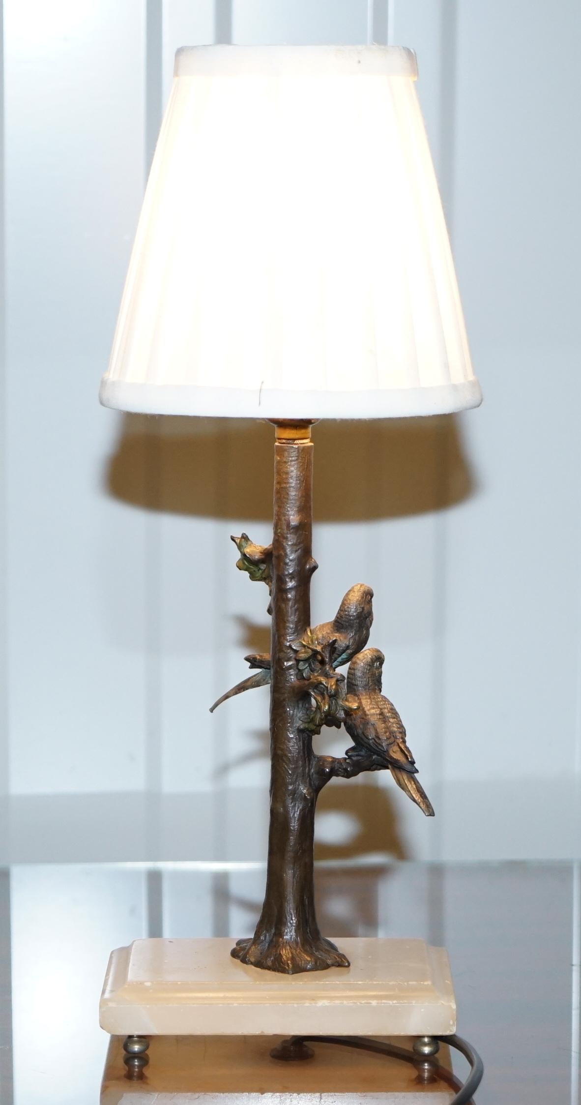 Cold Painted Austrian Bronze Lamp Birds of Paradise in Trees Onyx, circa 1920 6