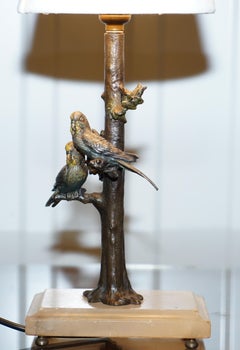 Cold Painted Austrian Bronze Lamp Birds of Paradise in Trees Onyx, circa 1920