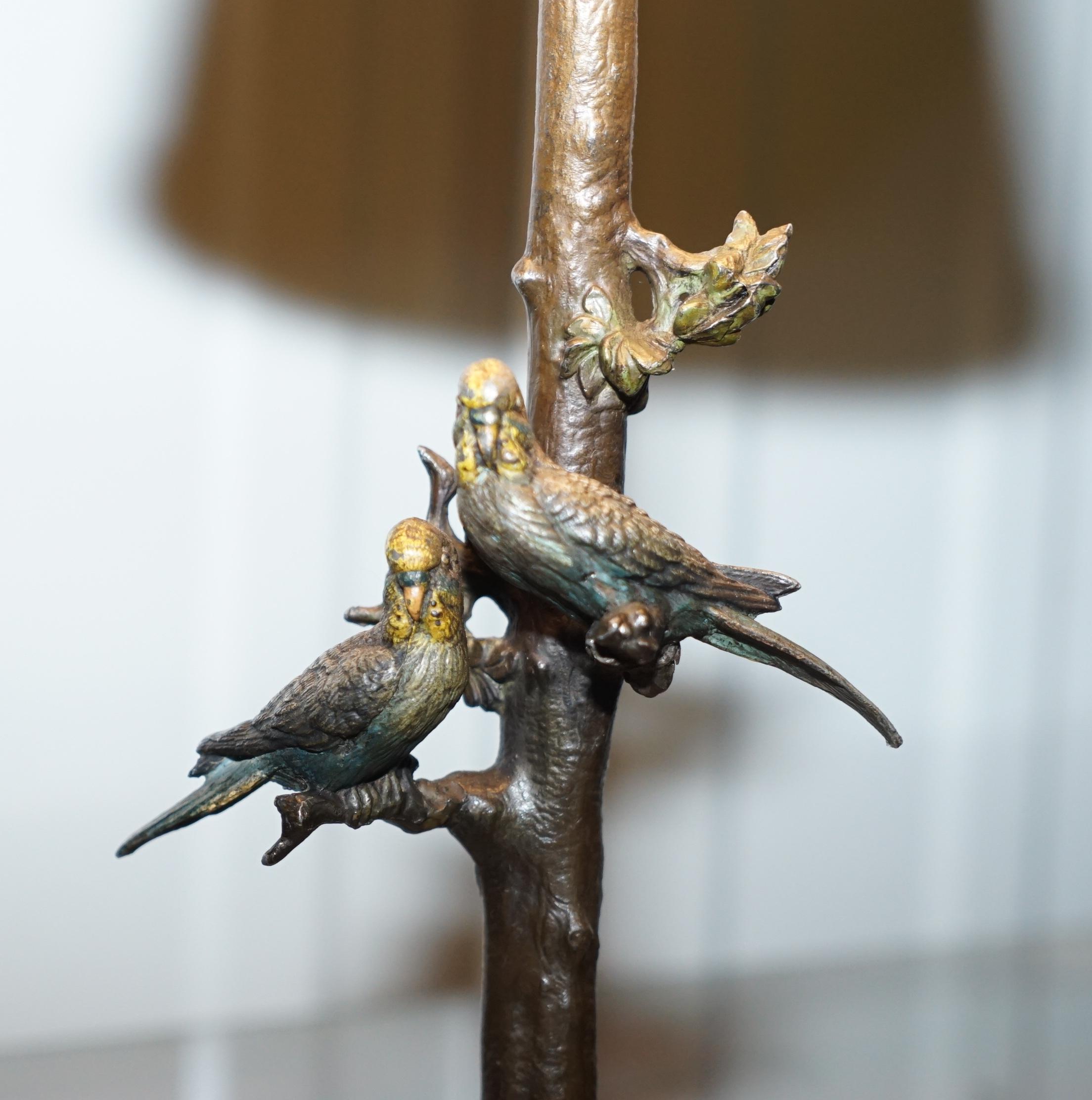 Hand-Crafted Cold Painted Austrian Bronze Lamp Birds of Paradise in Trees Onyx, circa 1920