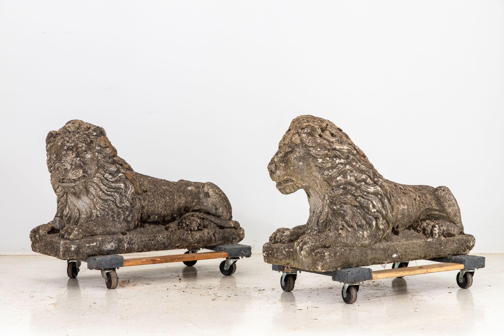 British Circa 1920 English Pair of Large Recumbent Concrete Lions For Sale