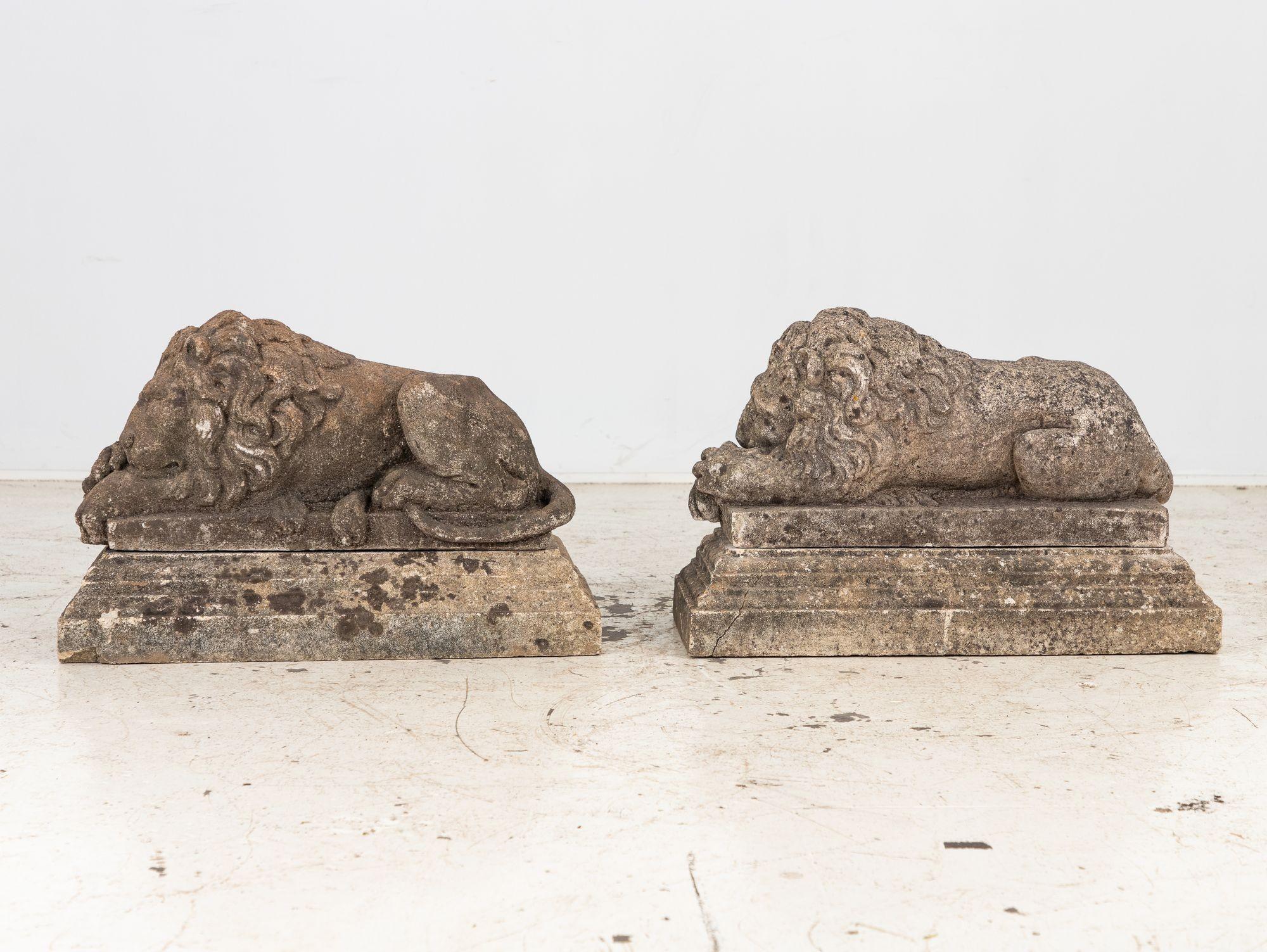 Circa 1920 English Pair of Large Recumbent Concrete Lions For Sale 2