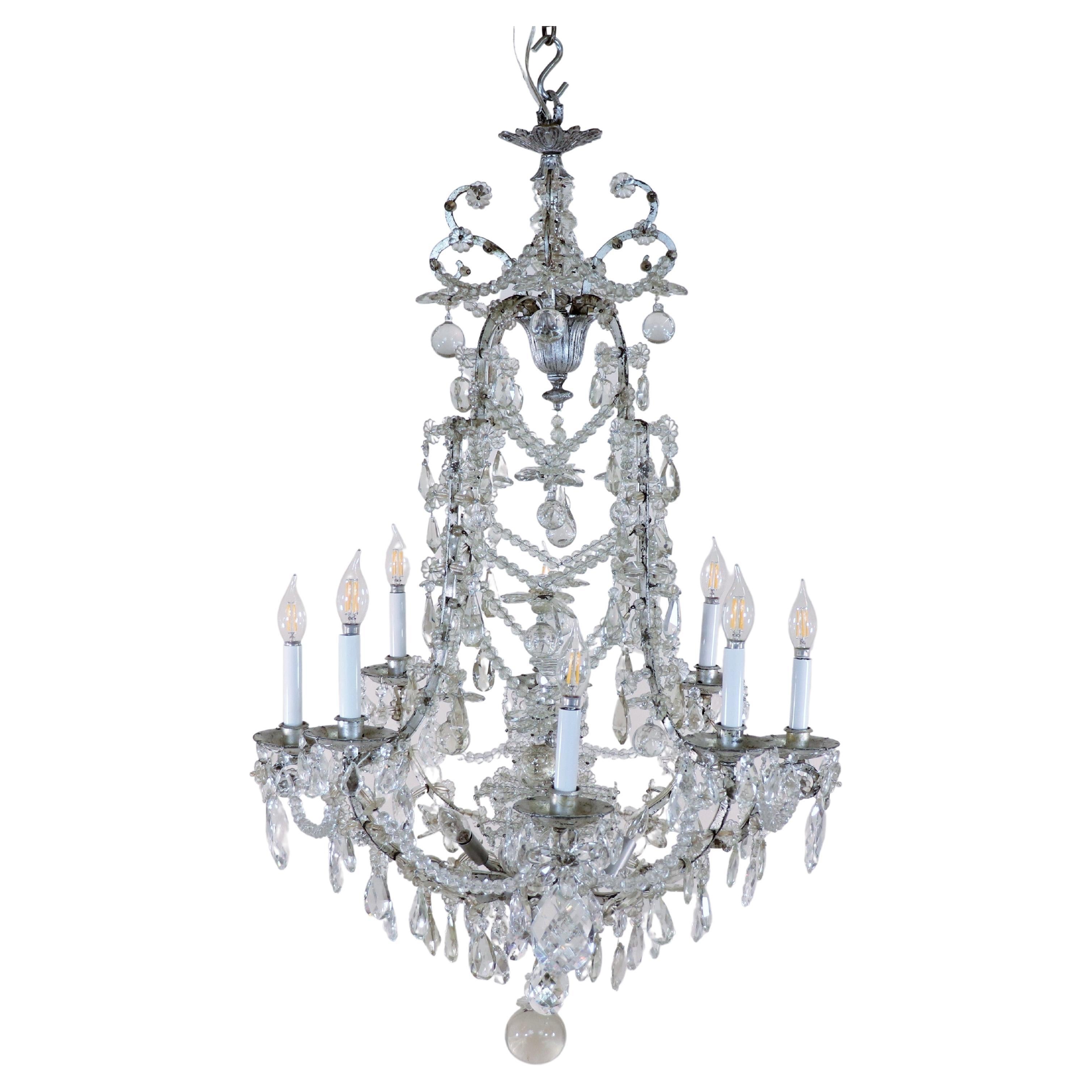 Circa 1920, French Louis XV Style Beaded Crystal Chandelier