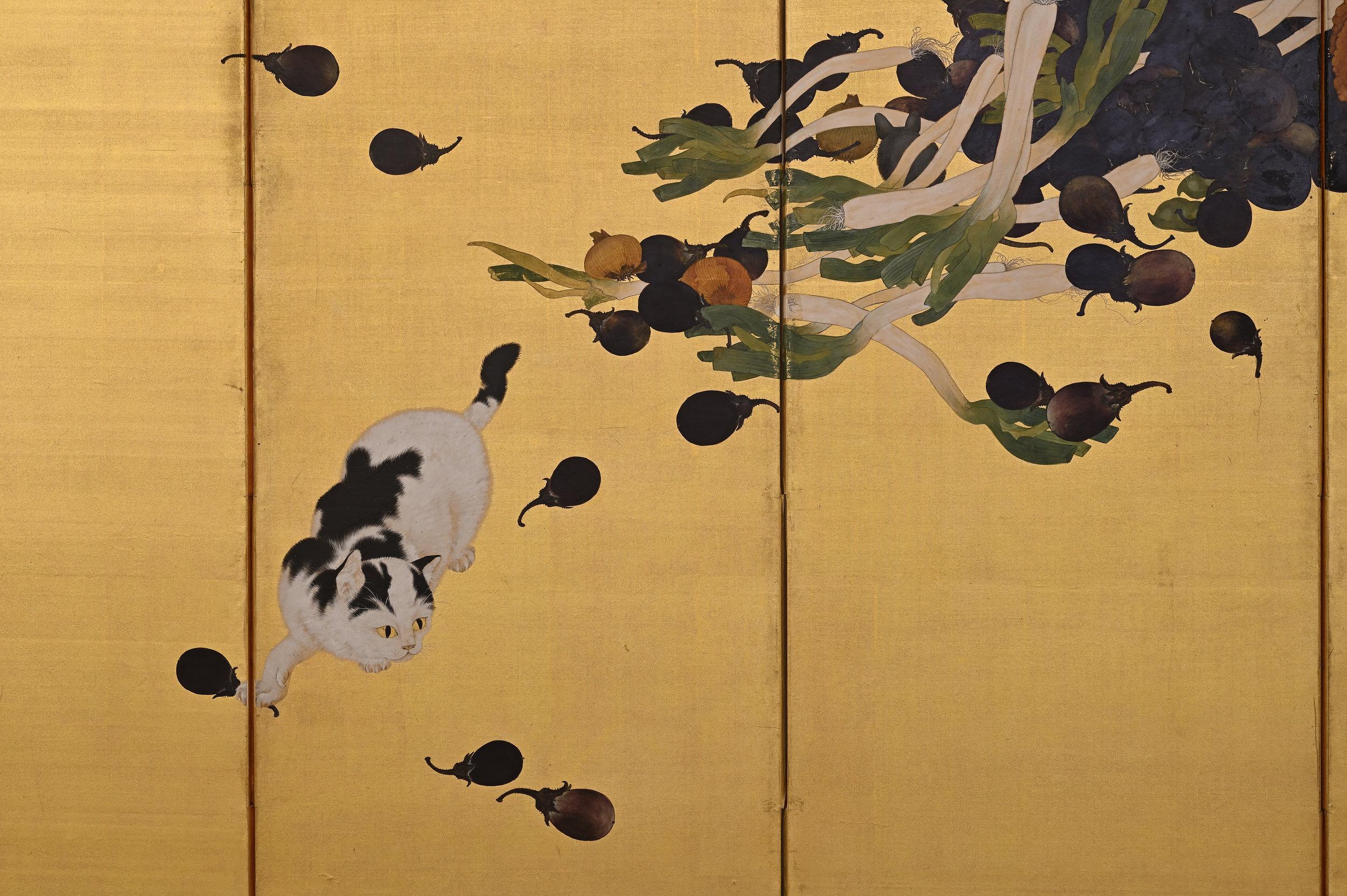 The narrative playfulness of the scene depicted on this Japanese screen sets alight what is at its core a celebration of a bountiful harvest. The screen offers a visual representation of the abundance of nature and the wish for ongoing prosperity.