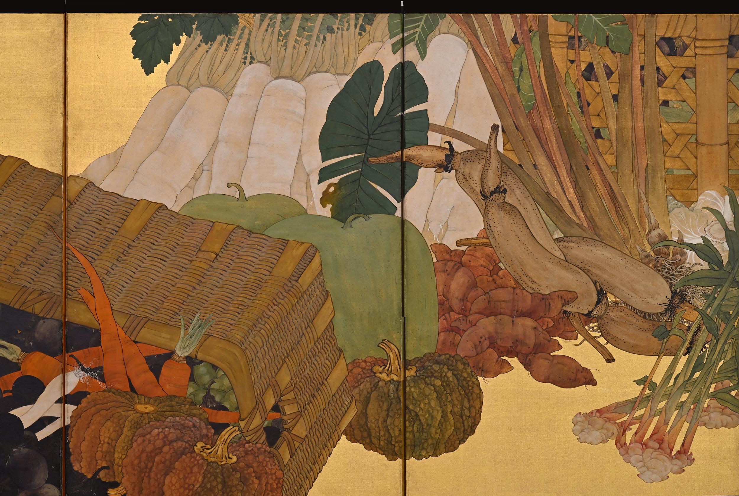 Taisho Circa 1920 Japanese Screen. Cat & Mouse Harvest Scene on Gold Silk.  For Sale