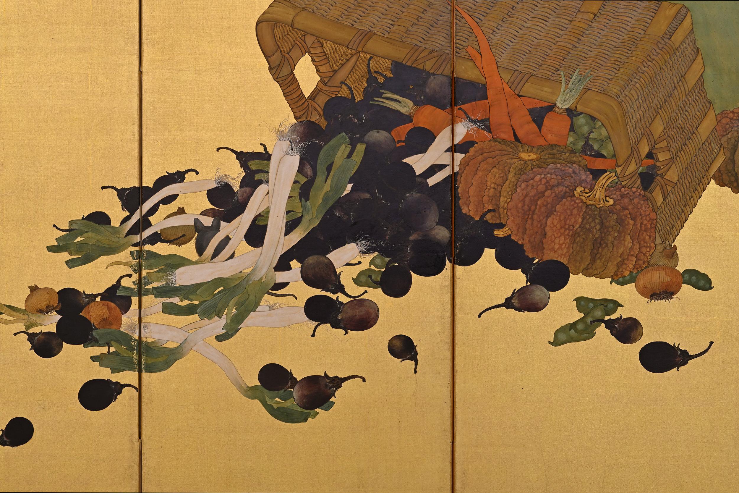 Hand-Painted Circa 1920 Japanese Screen. Cat & Mouse Harvest Scene on Gold Silk.  For Sale