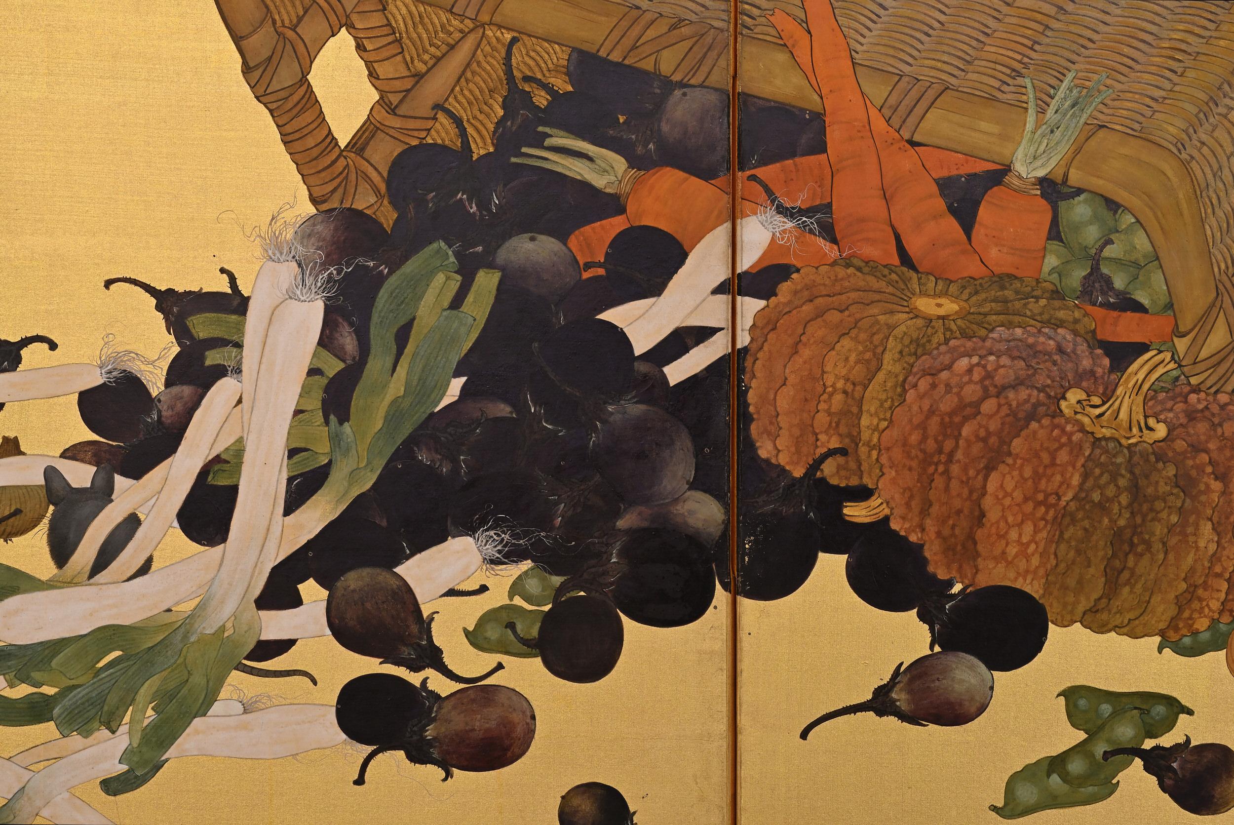 Circa 1920 Japanese Screen. Cat & Mouse Harvest Scene on Gold Silk.  In Good Condition For Sale In Kyoto, JP
