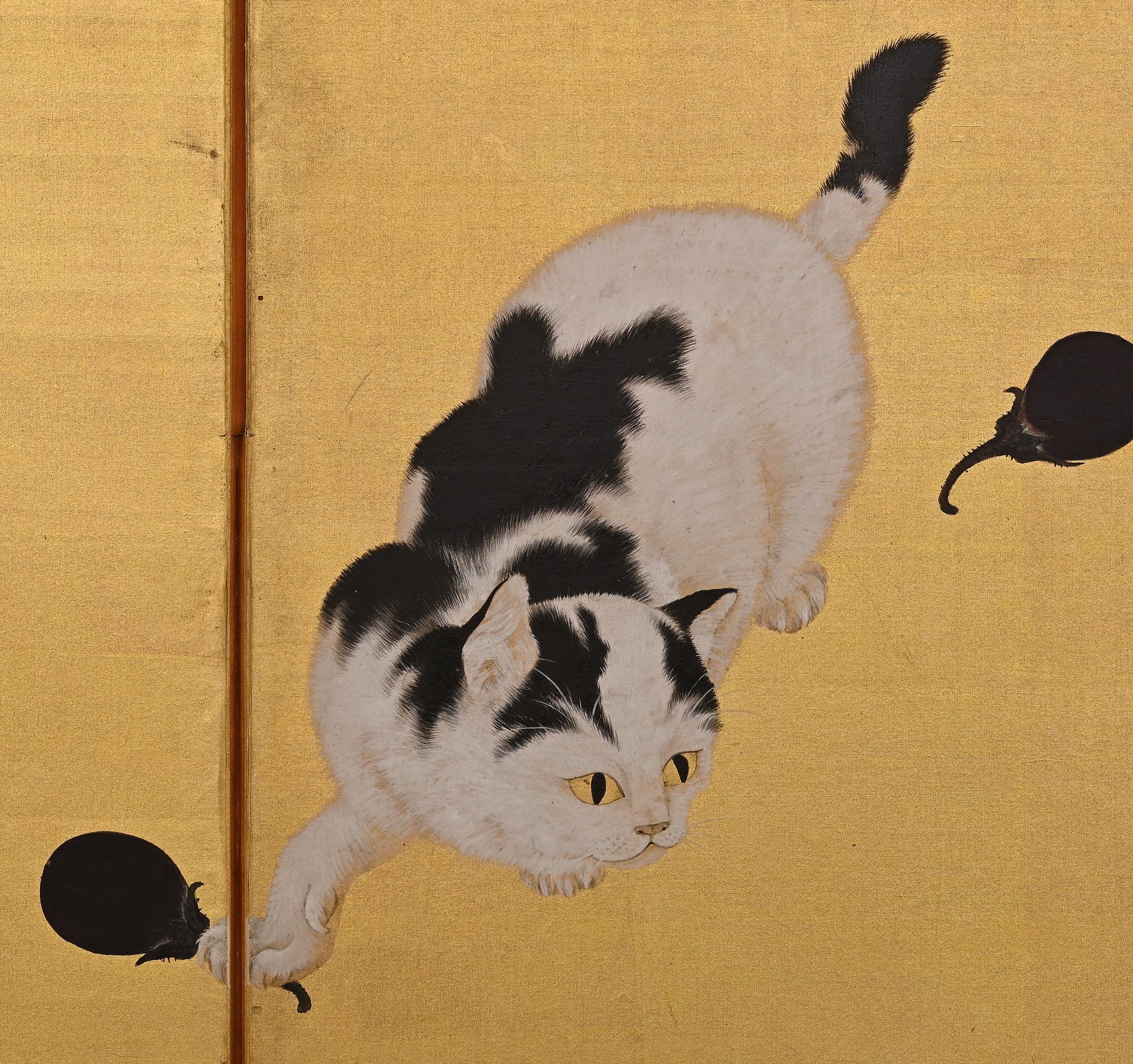 20th Century Circa 1920 Japanese Screen. Cat & Mouse Harvest Scene on Gold Silk.  For Sale