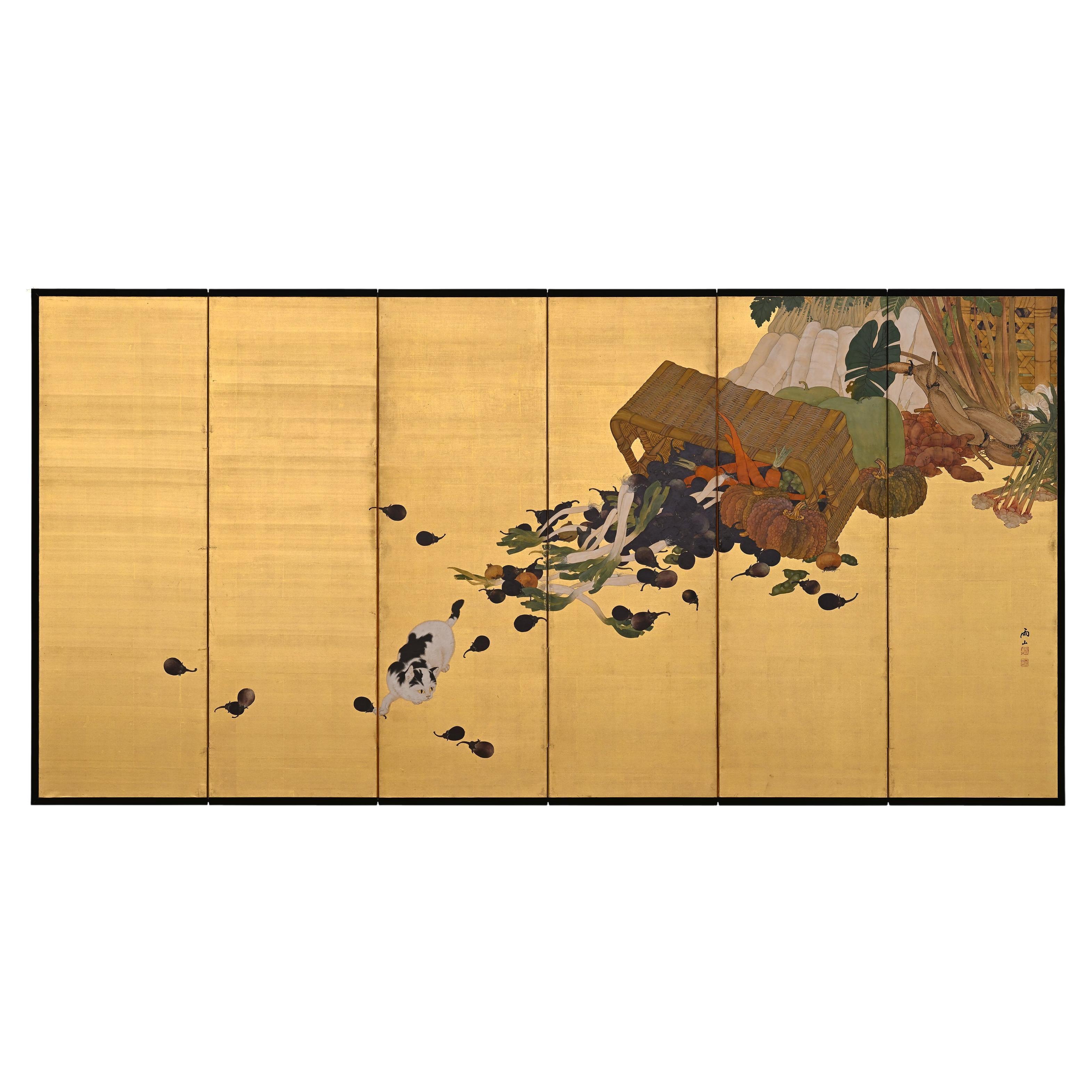 Circa 1920 Japanese Screen. Cat & Mouse Harvest Scene on Gold Silk.  For Sale