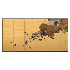 Circa 1920 Japanese Screen. Cat & Mouse Harvest Scene on Gold Silk. 