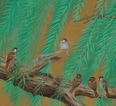 Japanese Painting, Framed Panel, Willow and Sparrows, circa 1920 Taisho era