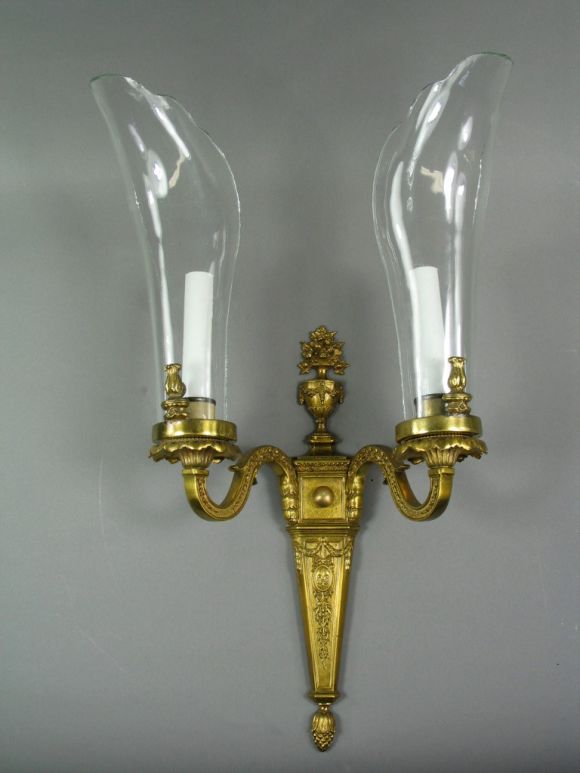 Antique Pair of French Bronze and Crystal  Shade Sconces 2 Pair Available 1920's In Good Condition For Sale In Douglas Manor, NY