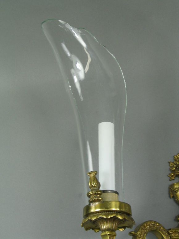 Antique Pair of French Bronze and Crystal  Shade Sconces 2 Pair Available 1920's For Sale 1
