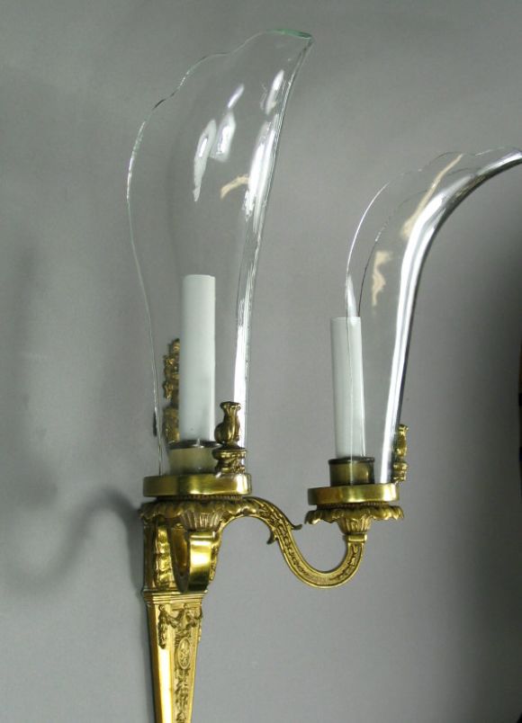 Antique Pair of French Bronze and Crystal  Shade Sconces 2 Pair Available 1920's For Sale 3