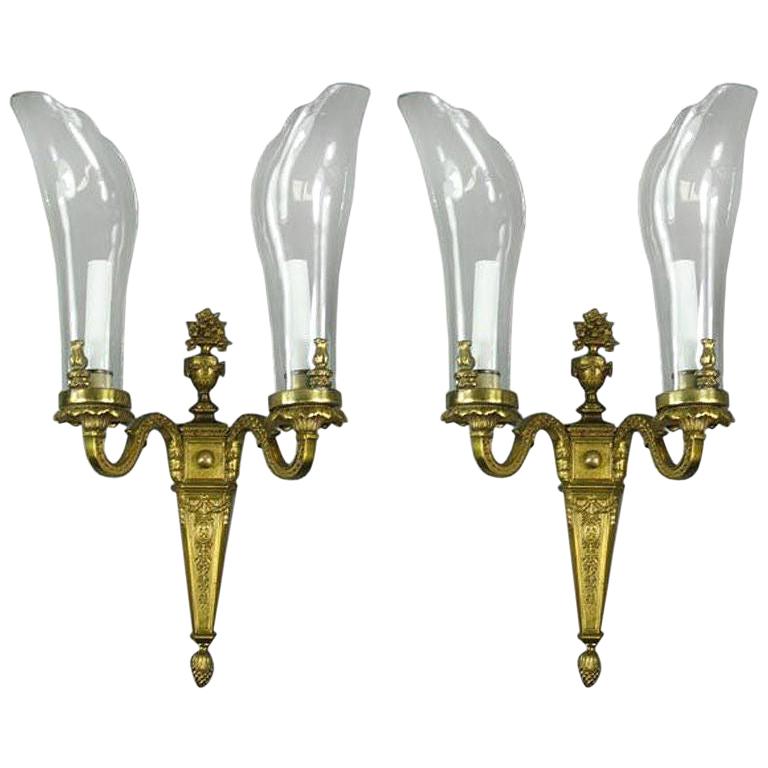 Antique Pair of French Bronze and Crystal  Shade Sconces 2 Pair Available 1920's