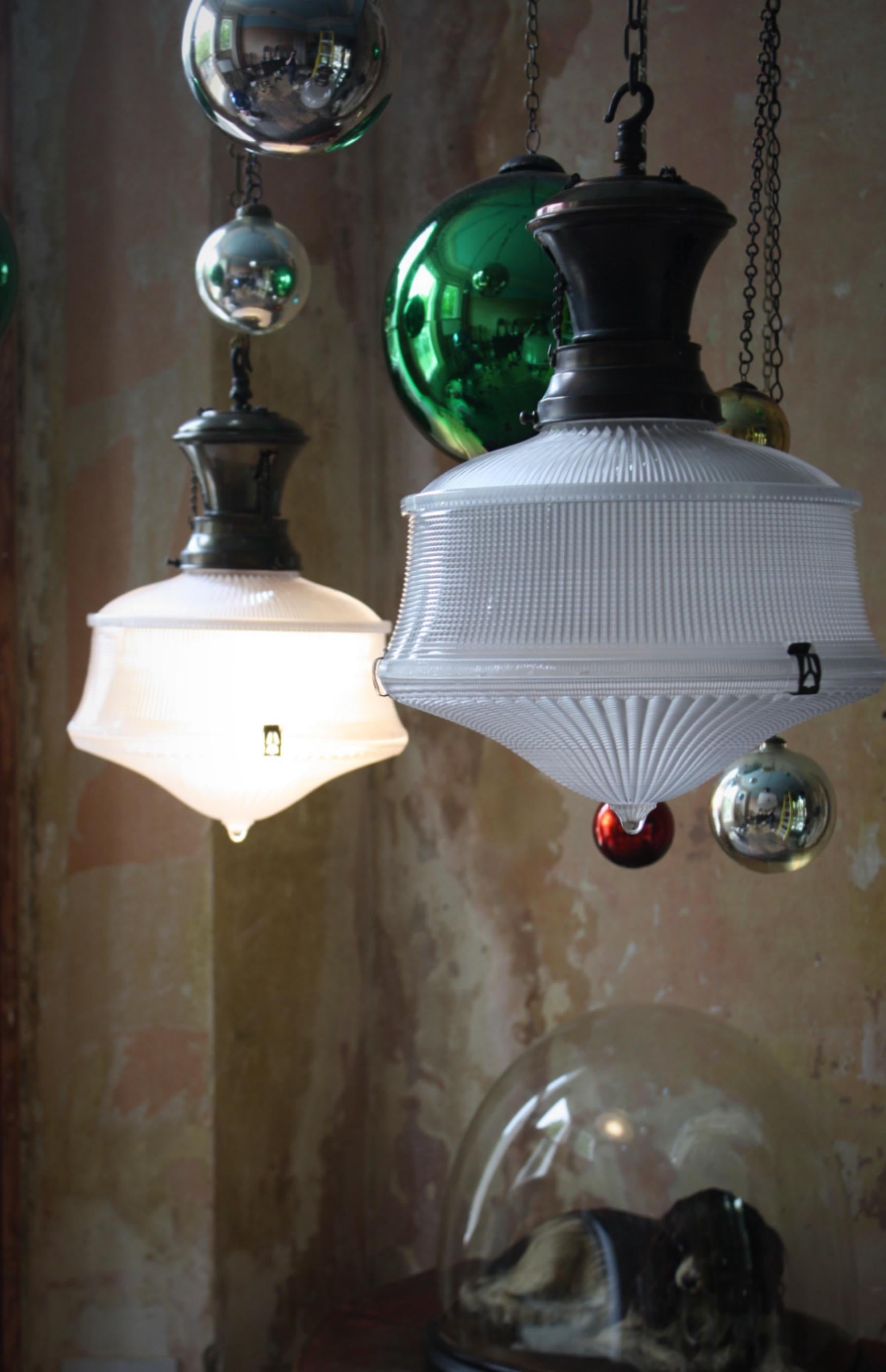 Circa 1920 Pair of Art Deco Holophane Prismatic & Bronze Pendants Lanterns Light 1